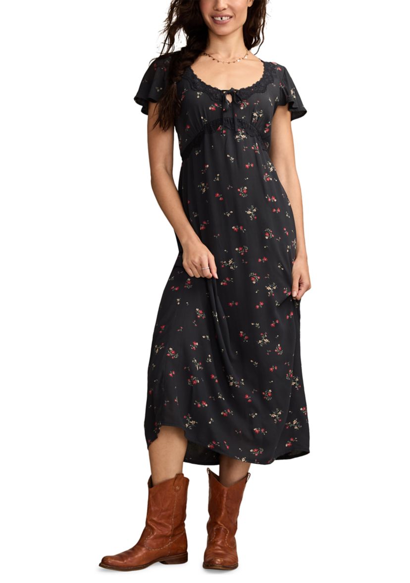 Womens Floral Printed Lace Trim Slip Midi Dress