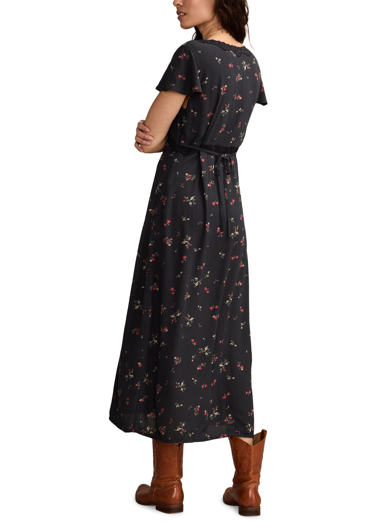 Womens Floral Printed Lace Trim Slip Midi Dress