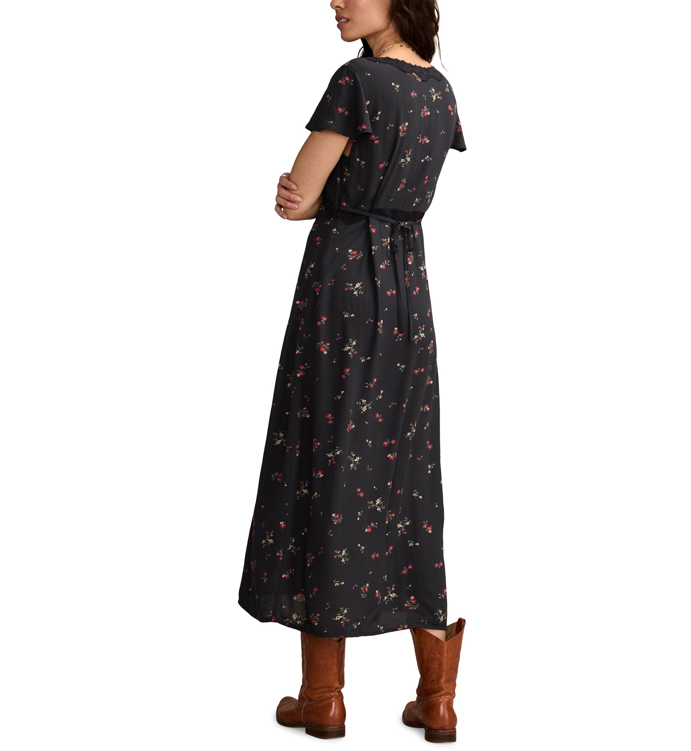Womens Floral Printed Lace Trim Slip Midi Dress