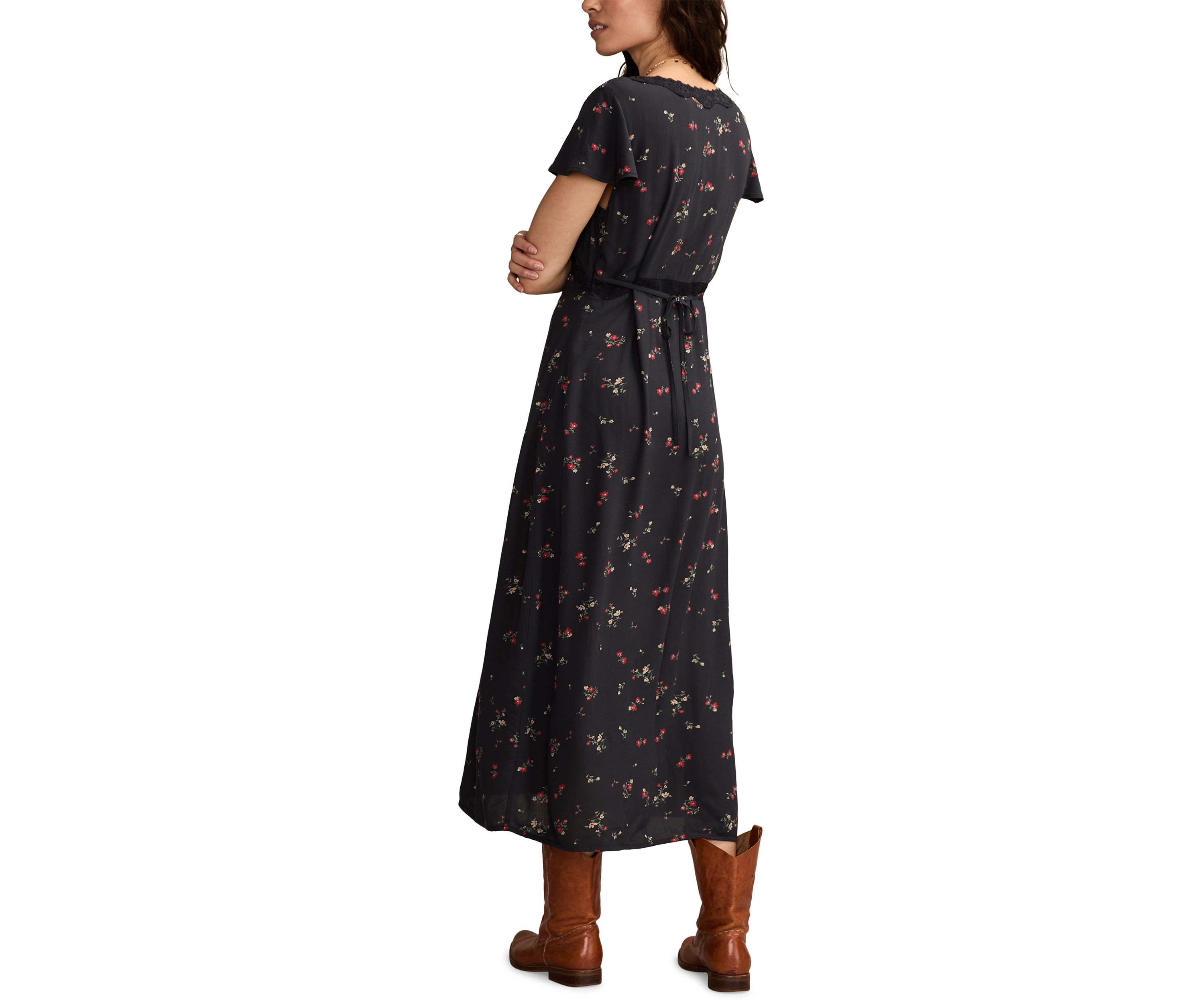Womens Floral Printed Lace Trim Slip Midi Dress