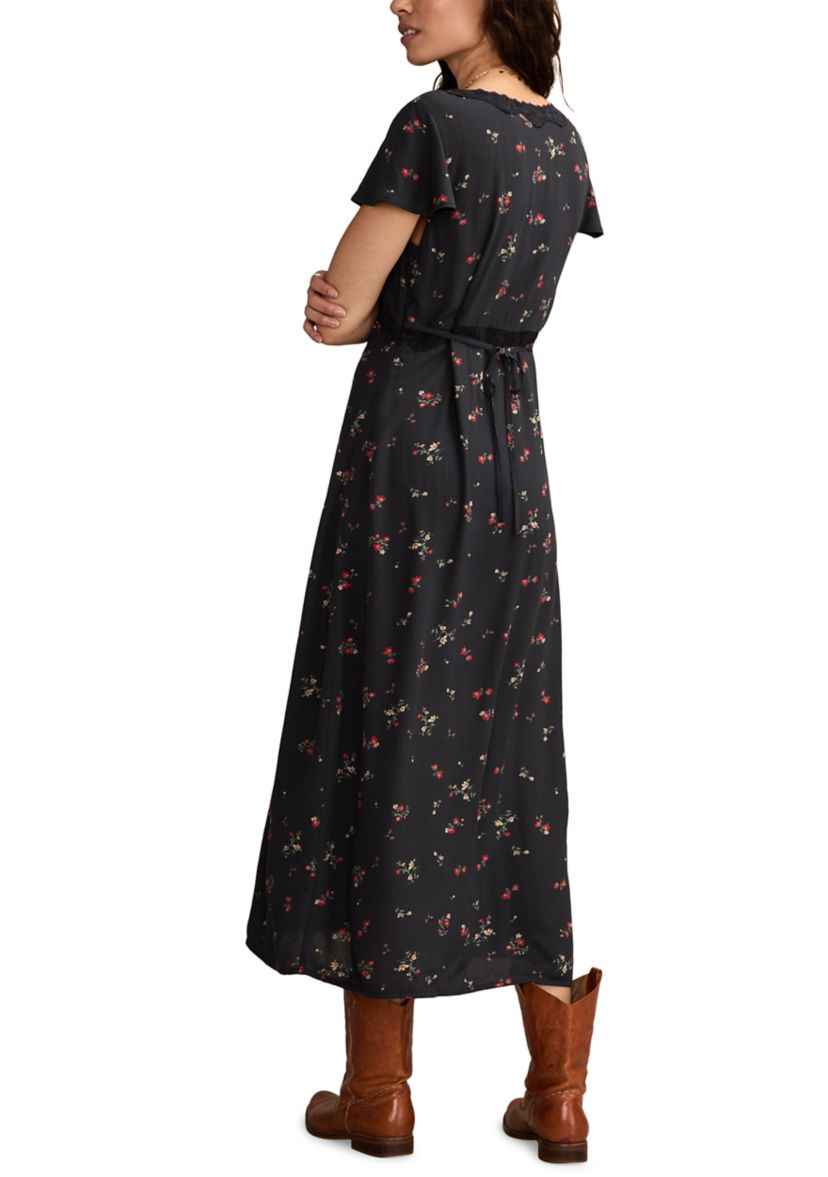 Womens Floral Printed Lace Trim Slip Midi Dress