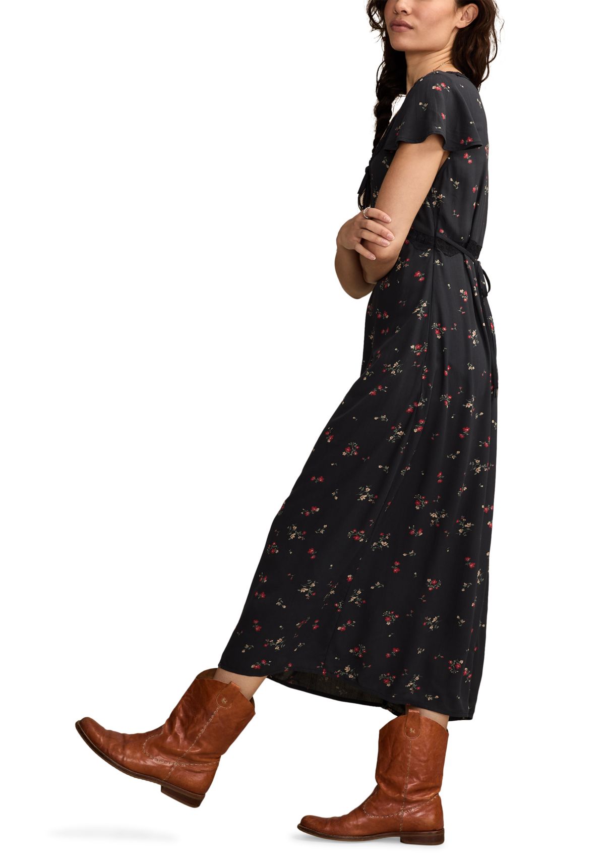 Womens Floral Printed Lace Trim Slip Midi Dress