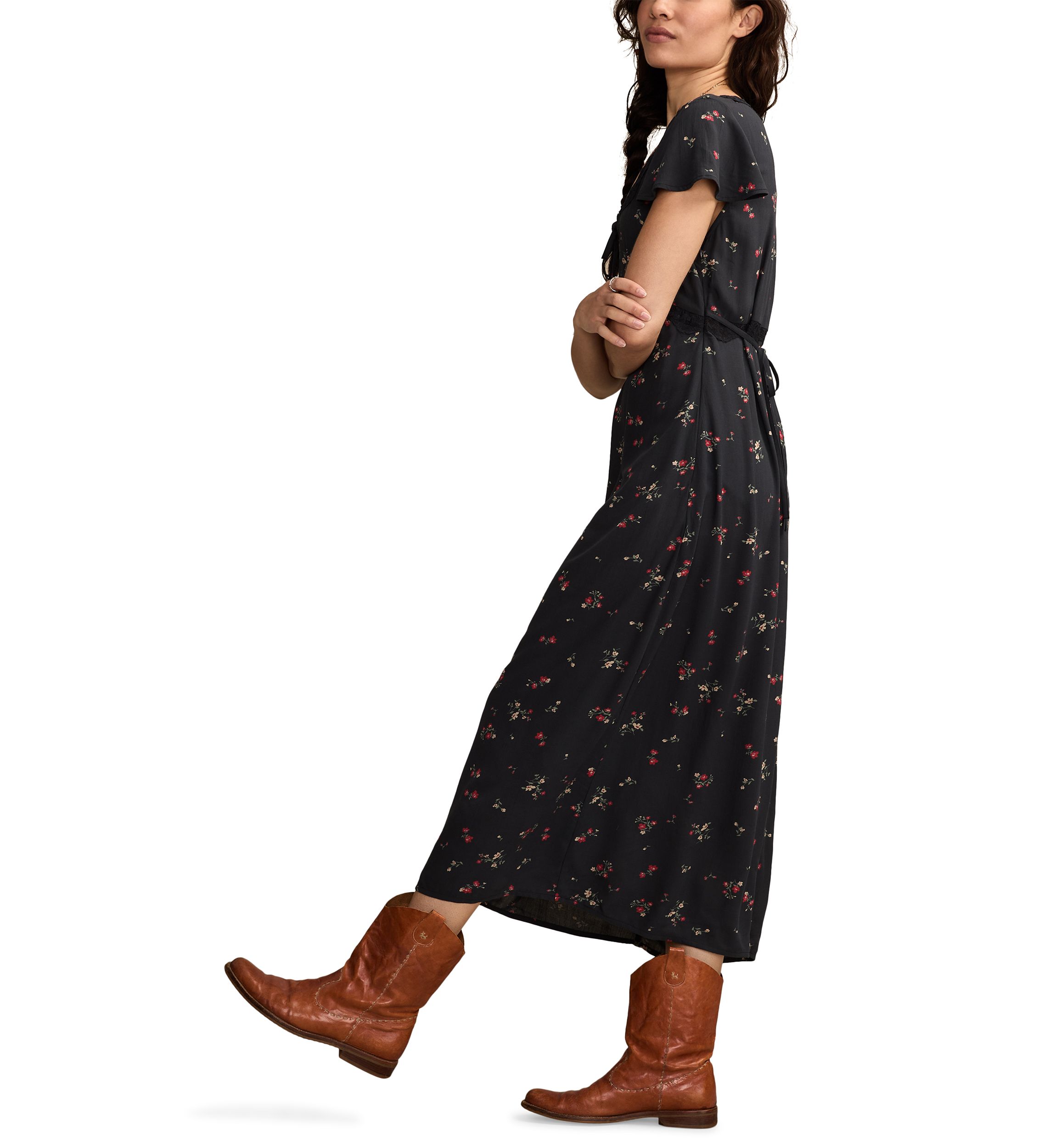 Womens Floral Printed Lace Trim Slip Midi Dress