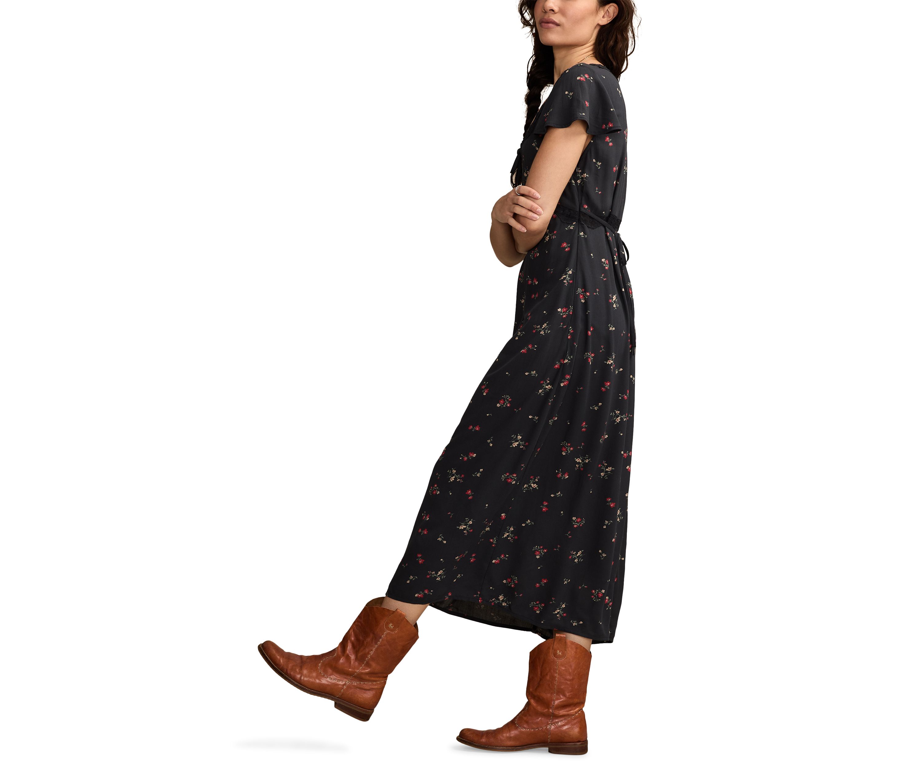 Womens Floral Printed Lace Trim Slip Midi Dress