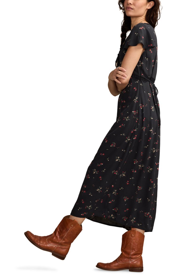 Womens Floral Printed Lace Trim Slip Midi Dress