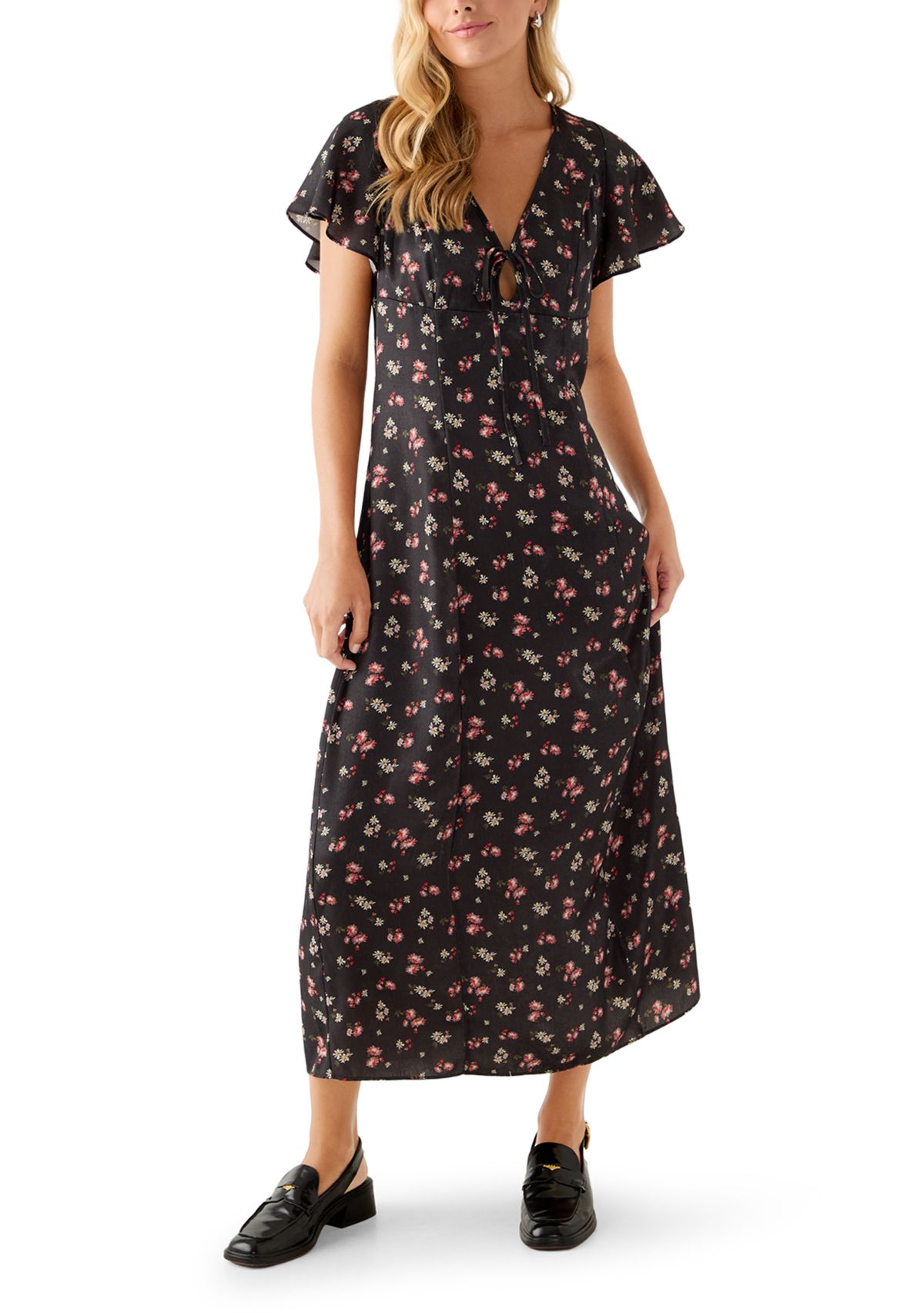Womens Short Sleeve V-Neck Ditsy Midi Dress