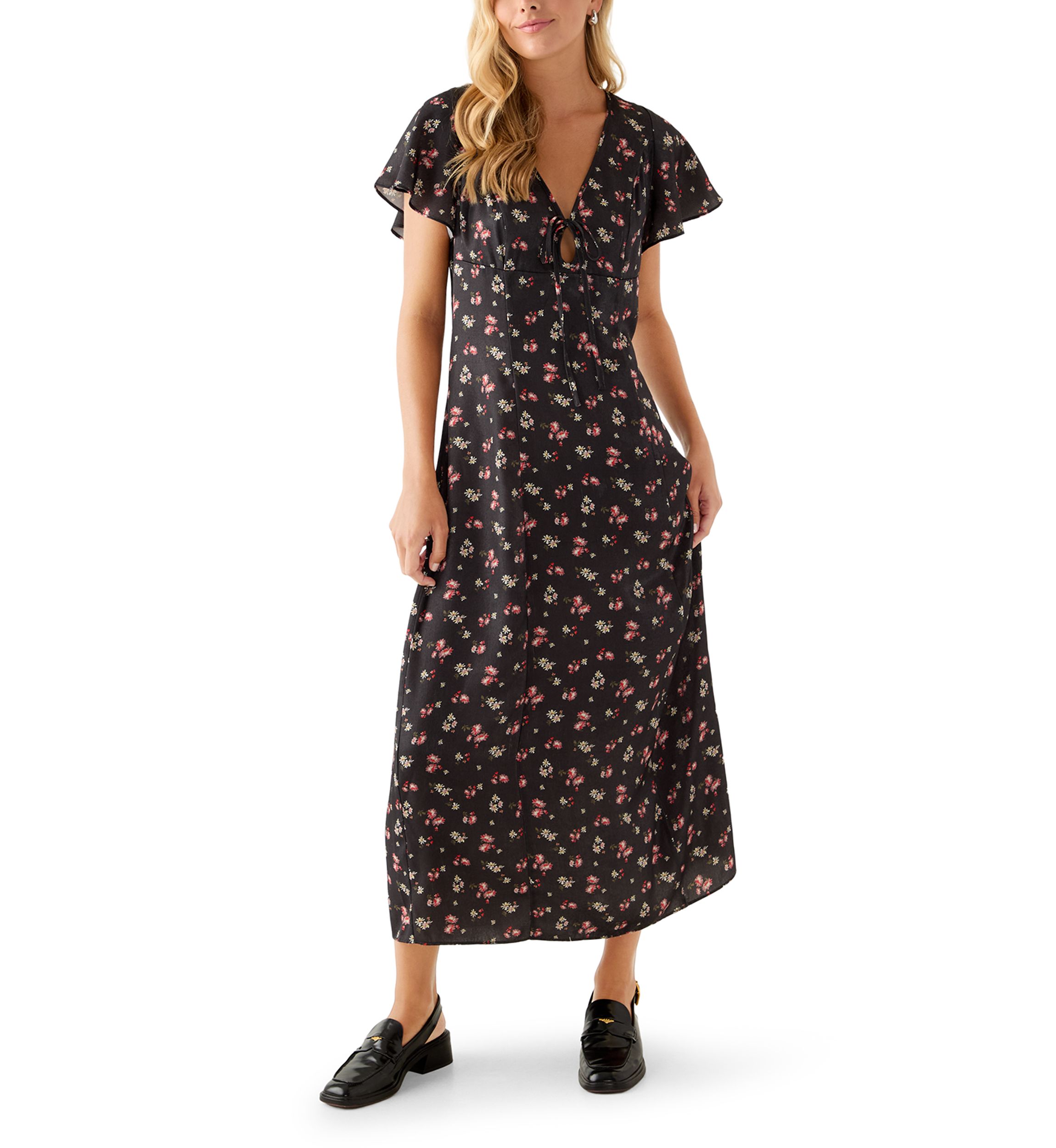Womens Short Sleeve V-Neck Ditsy Midi Dress