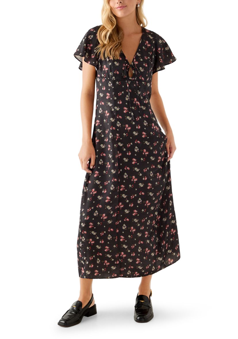 Womens Short Sleeve V-Neck Ditsy Midi Dress