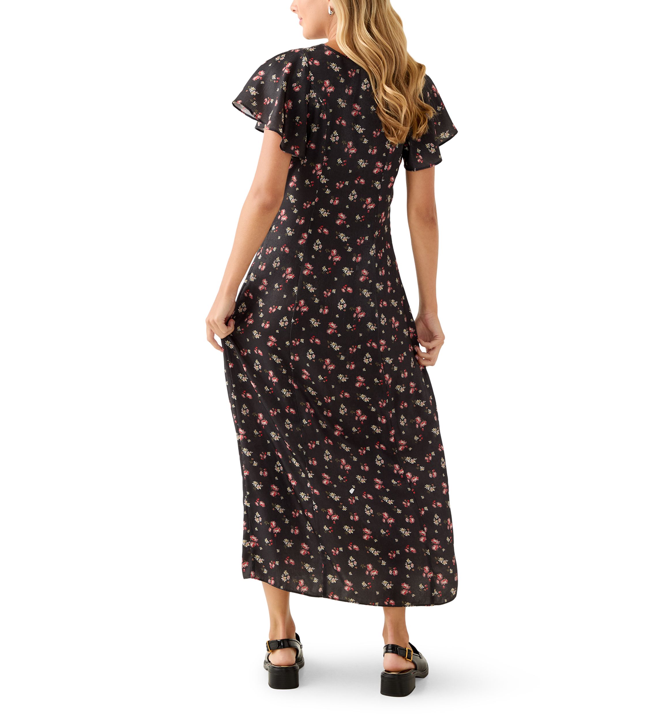 Womens Short Sleeve V-Neck Ditsy Midi Dress