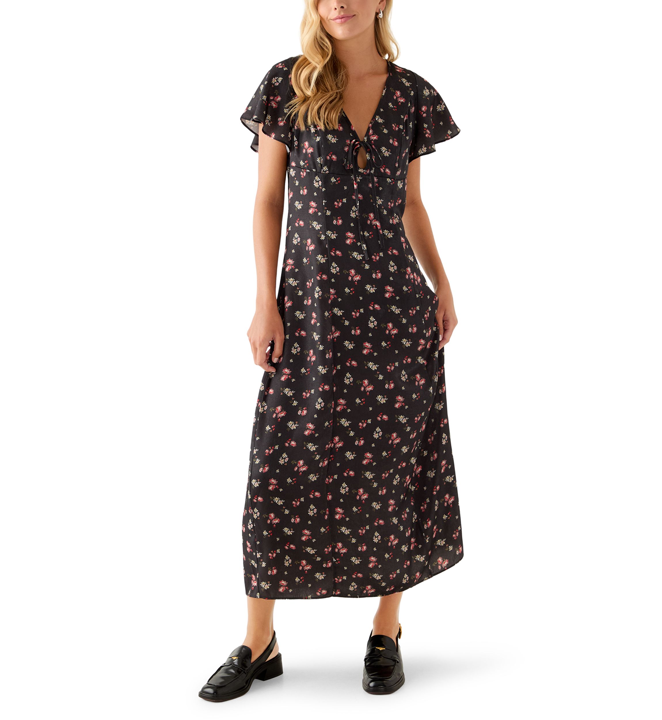 Womens Short Sleeve V-Neck Ditsy Midi Dress