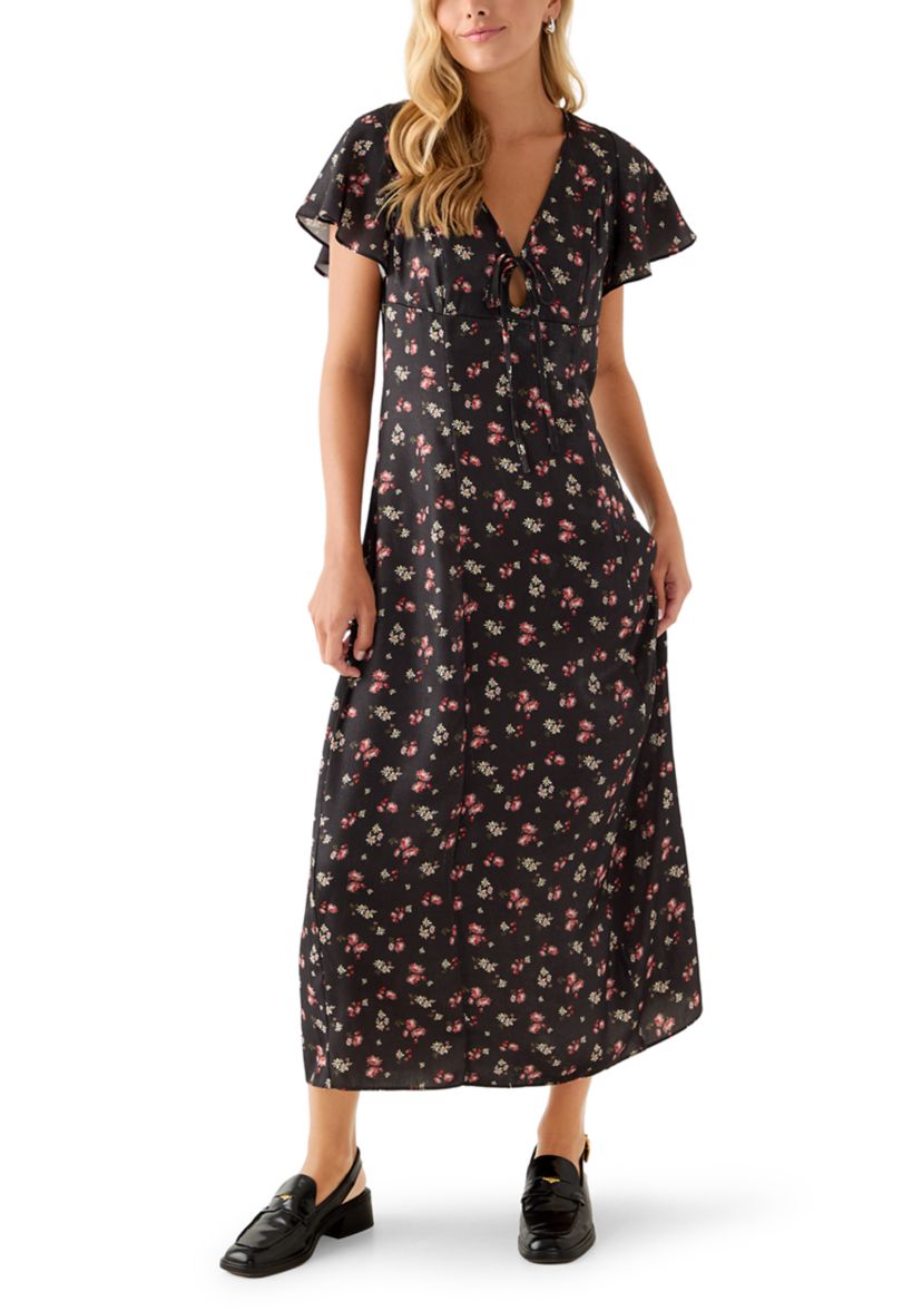 Womens Short Sleeve V-Neck Ditsy Midi Dress