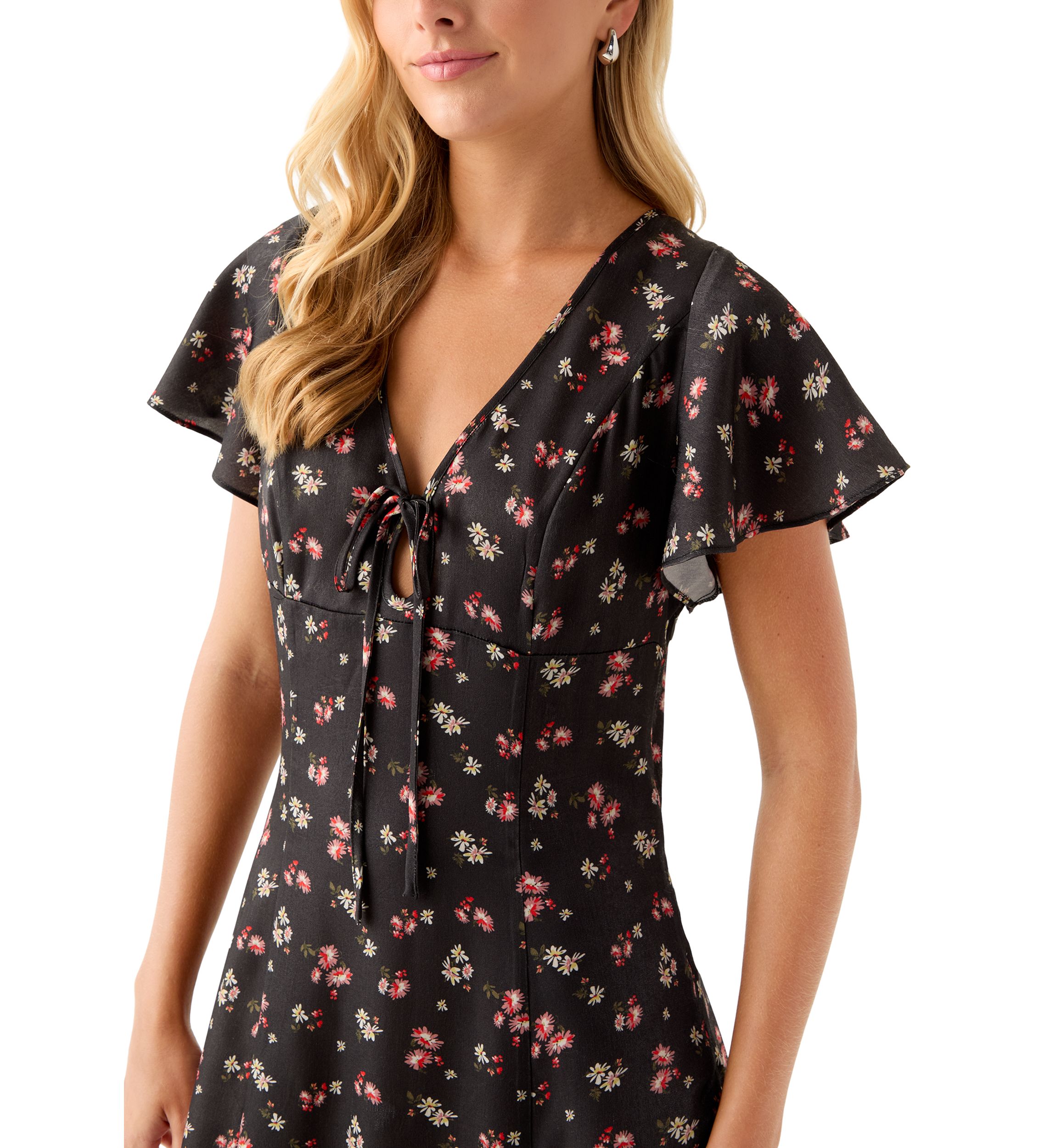Womens Short Sleeve V-Neck Ditsy Midi Dress