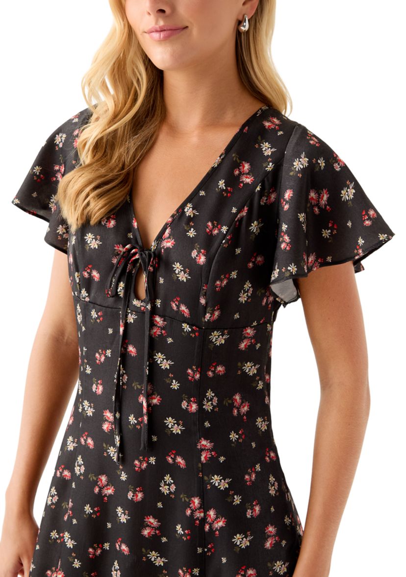 Womens Short Sleeve V-Neck Ditsy Midi Dress
