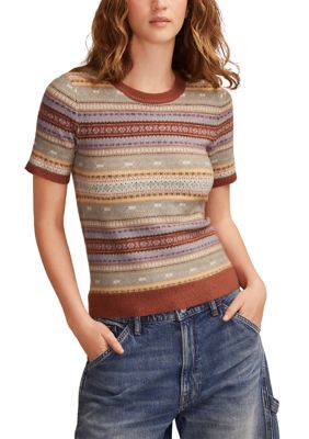 Lucky Brand Womens Short Sleeve Fair Isle Sweater