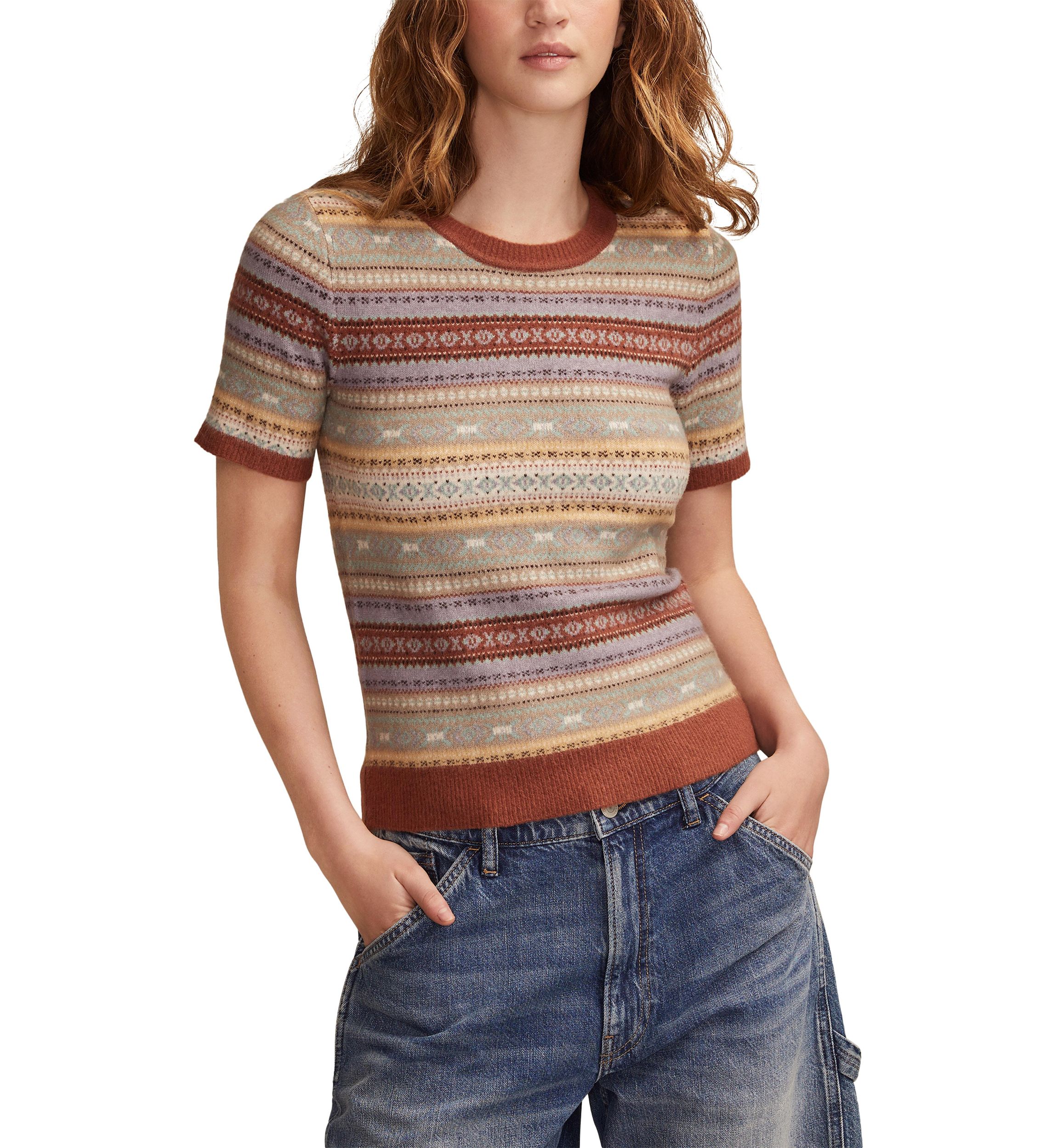 Womens Short Sleeve Fair Isle Sweater 
