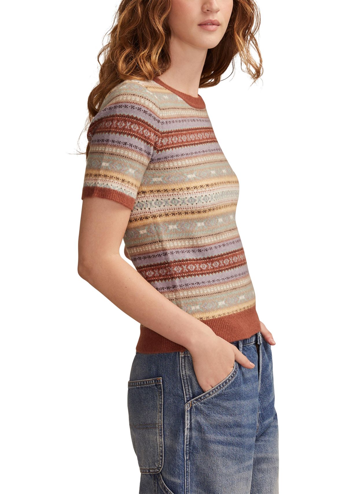 Womens Short Sleeve Fair Isle Sweater 