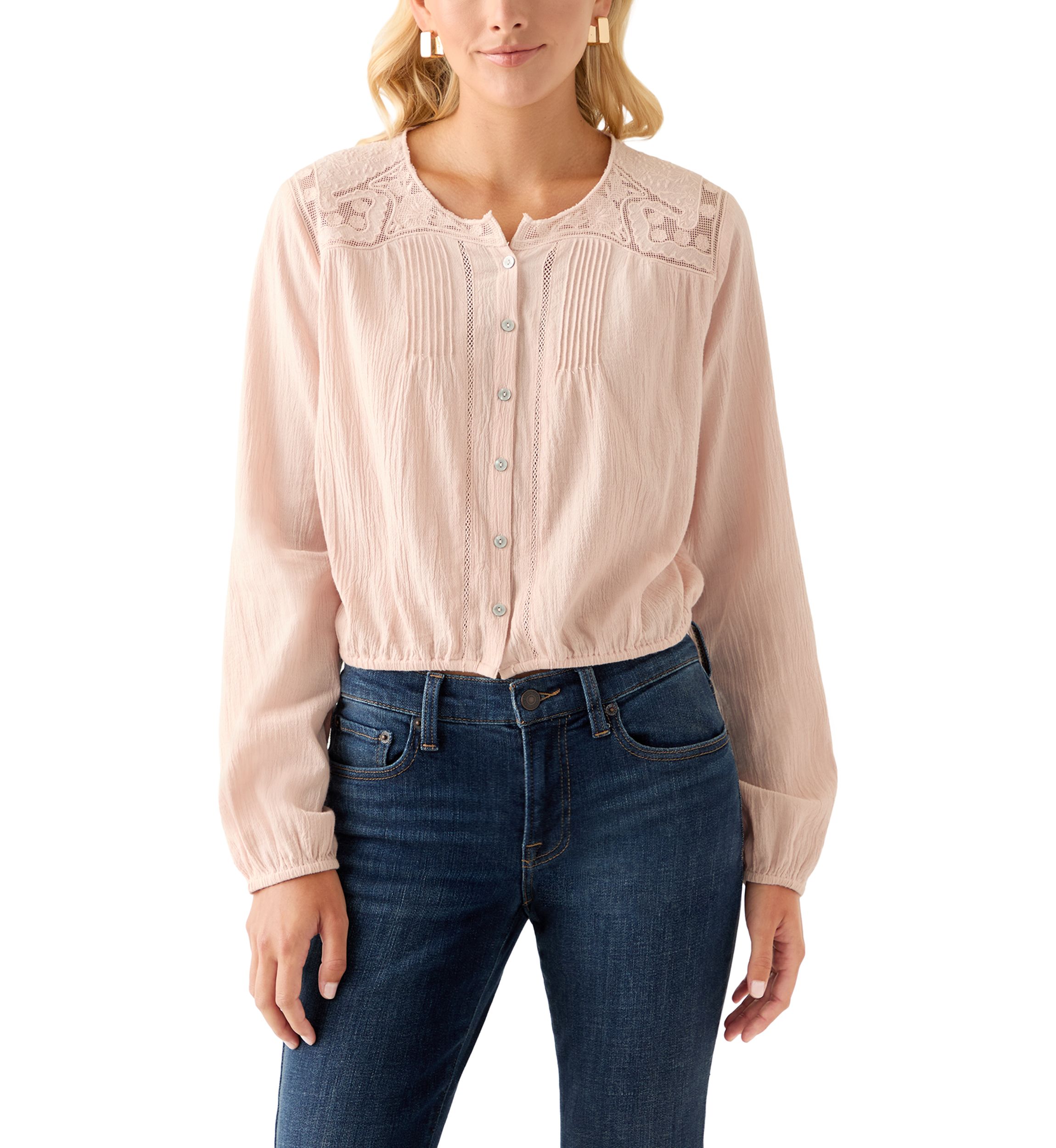 Womens Long Sleeve Pintuck Bubble Blouse 