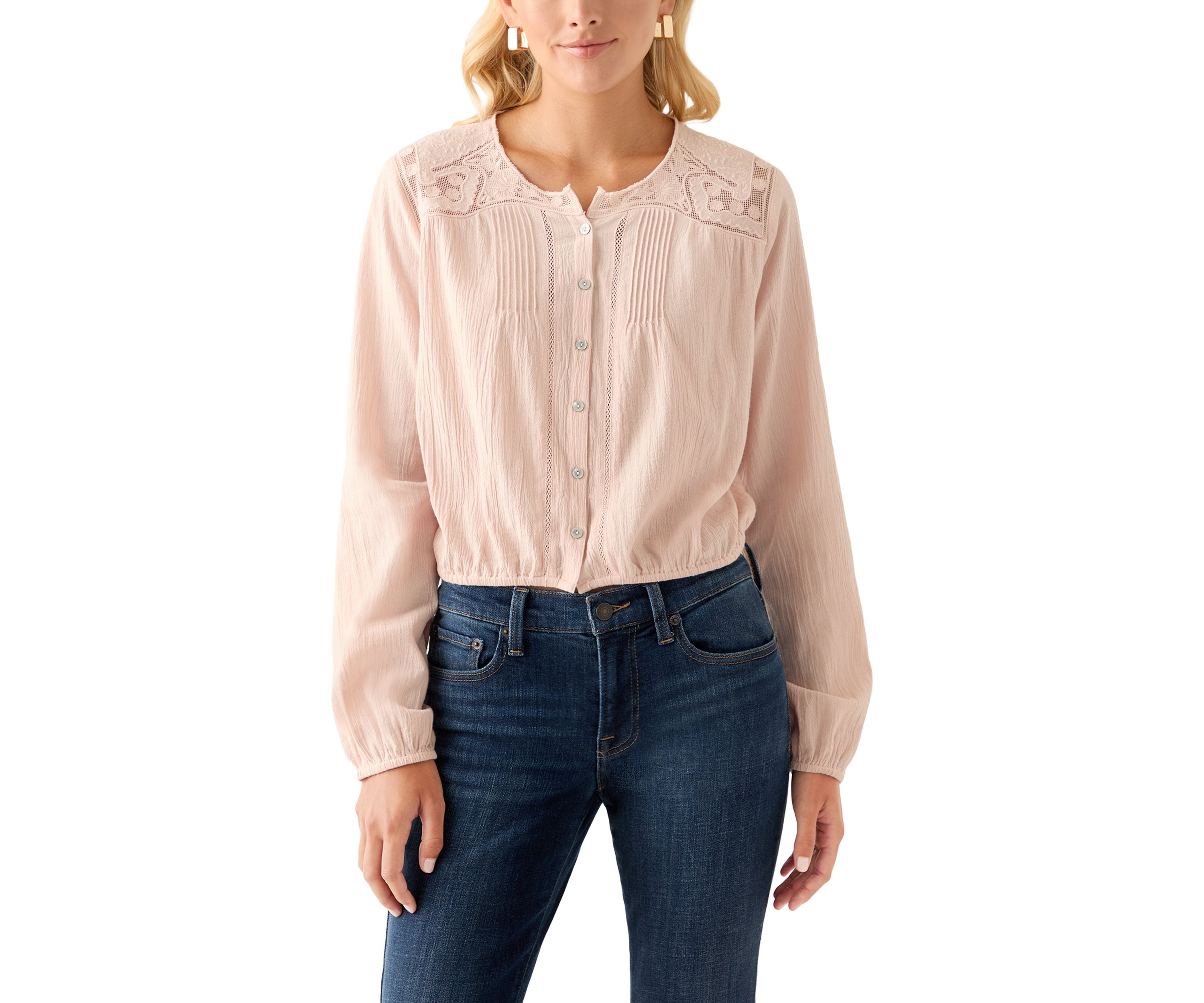 Womens Long Sleeve Pintuck Bubble Blouse 