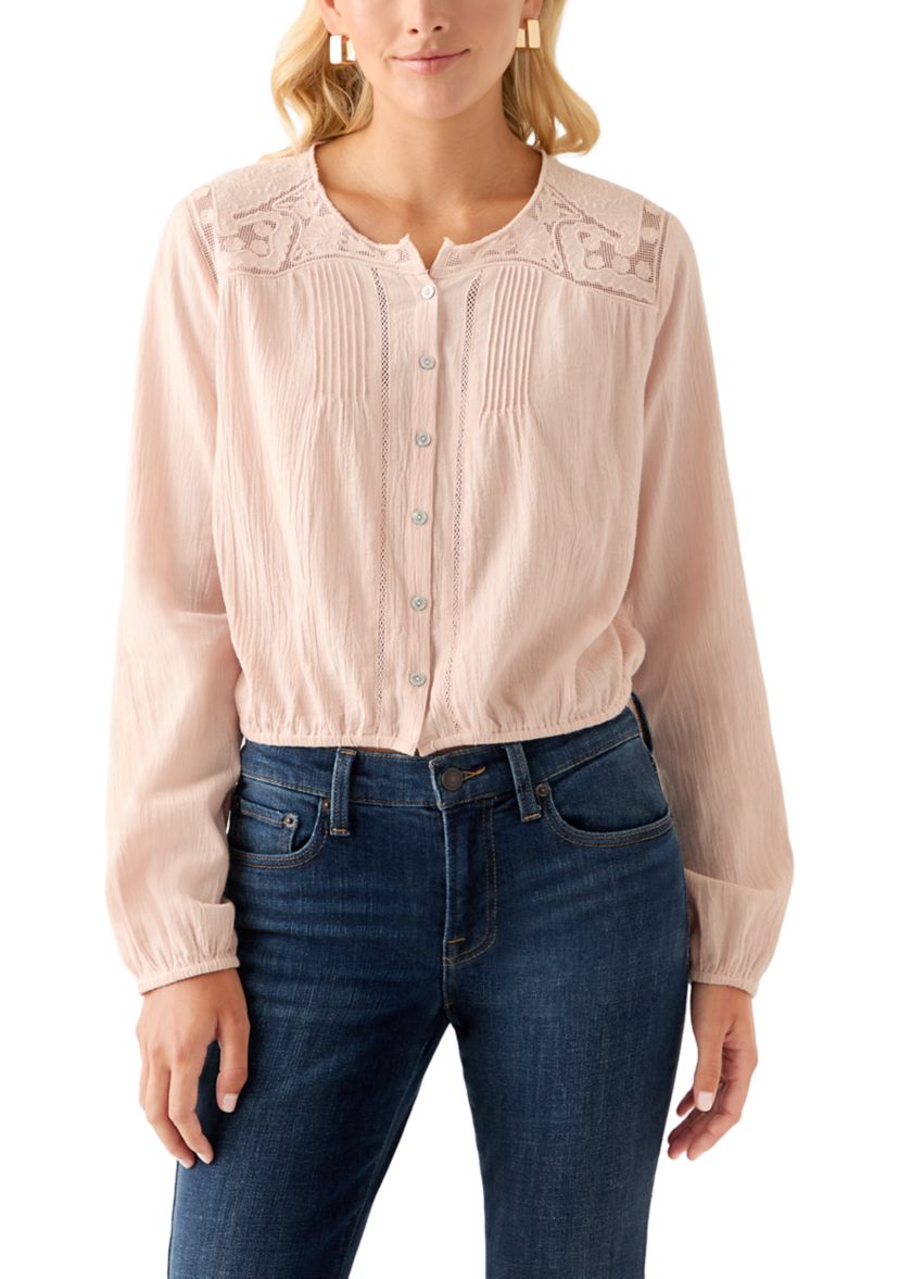 Womens Long Sleeve Pintuck Bubble Blouse 