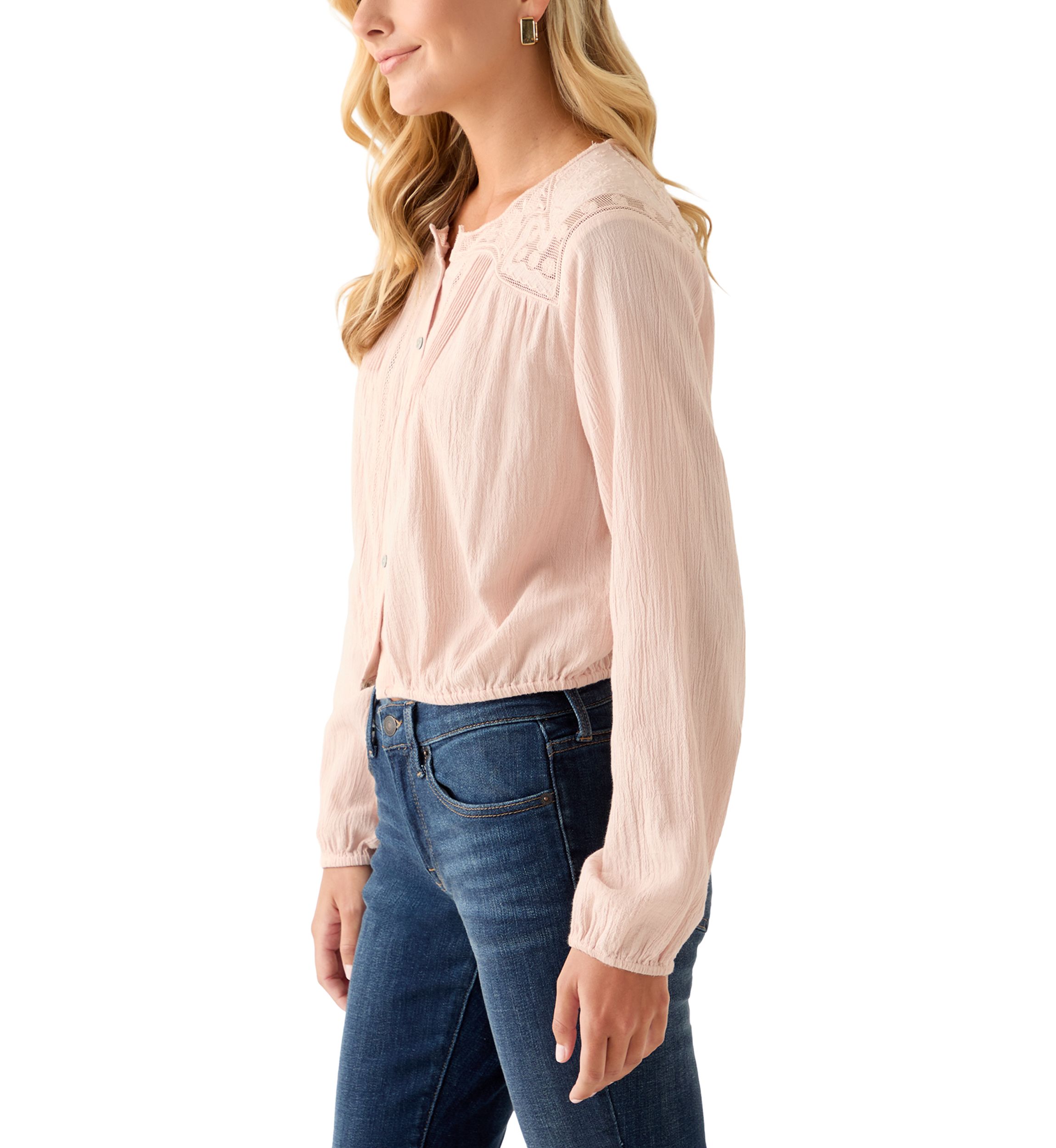 Womens Long Sleeve Pintuck Bubble Blouse 