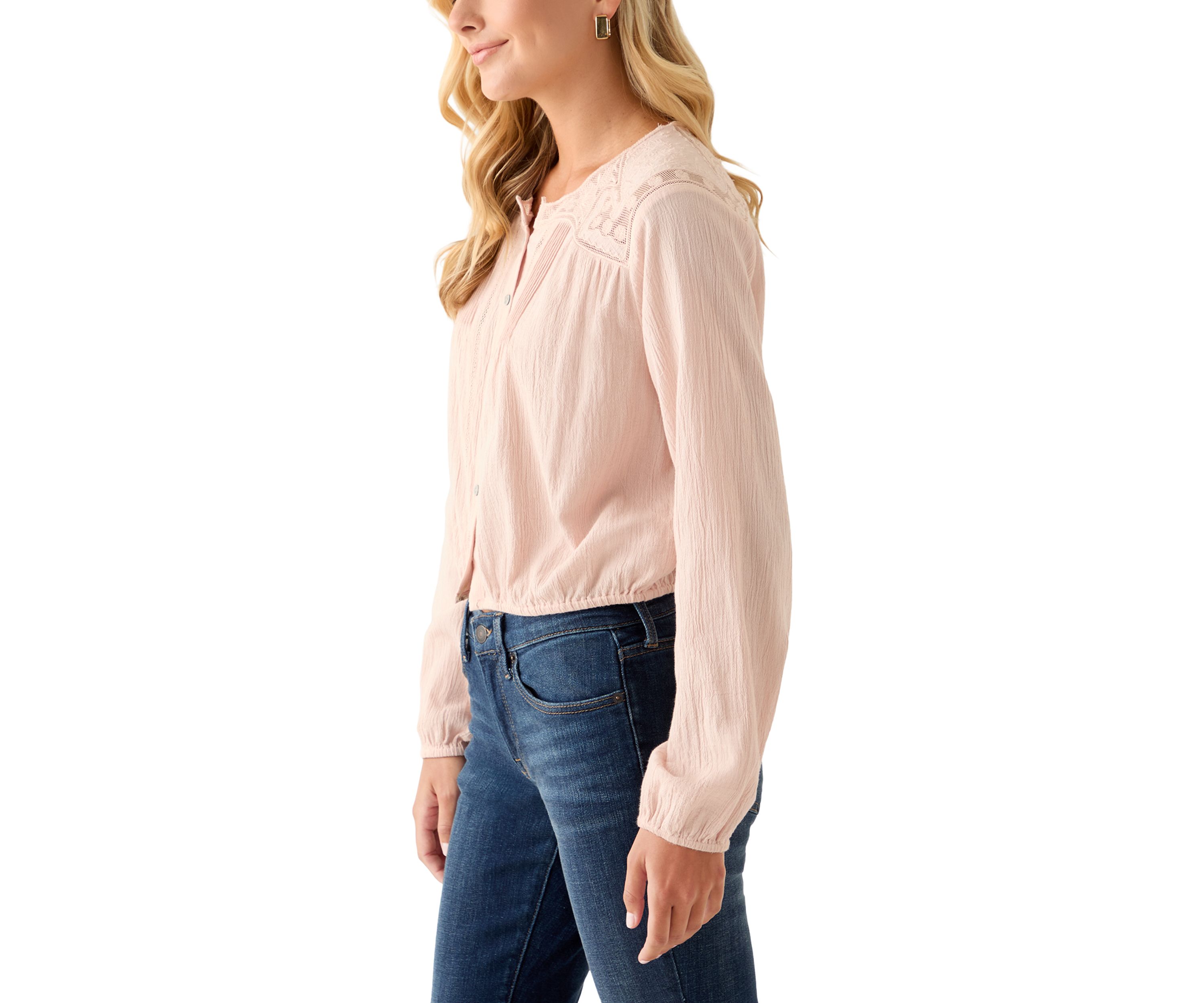 Womens Long Sleeve Pintuck Bubble Blouse 