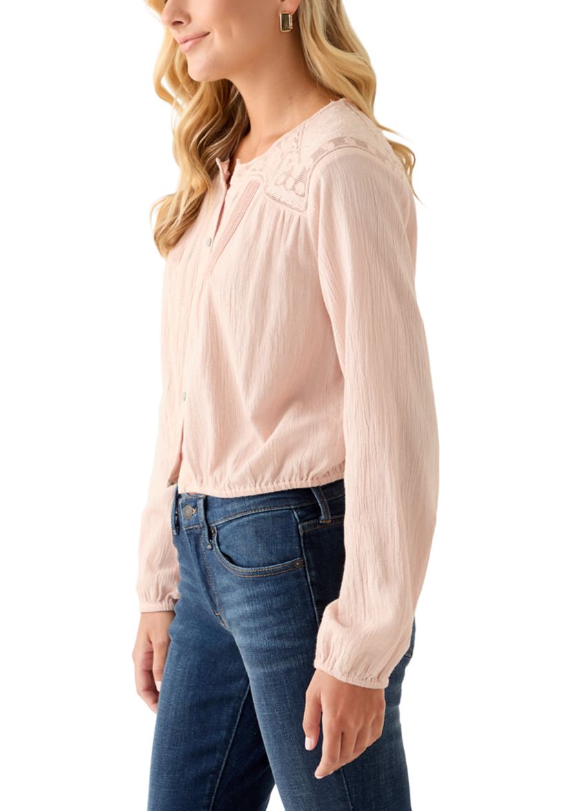 Womens Long Sleeve Pintuck Bubble Blouse 