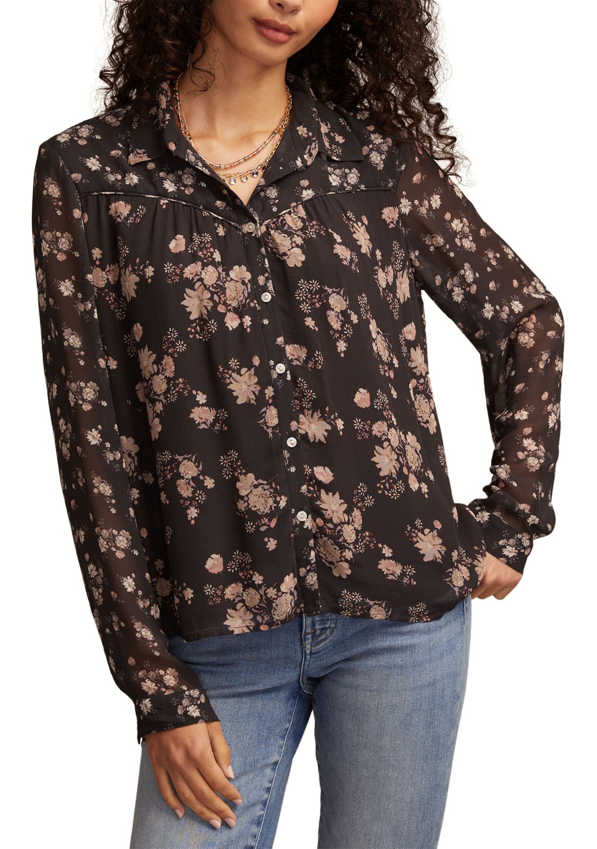 Womens Long Sleeve Mixed Floral Printed Button Front Blouse
