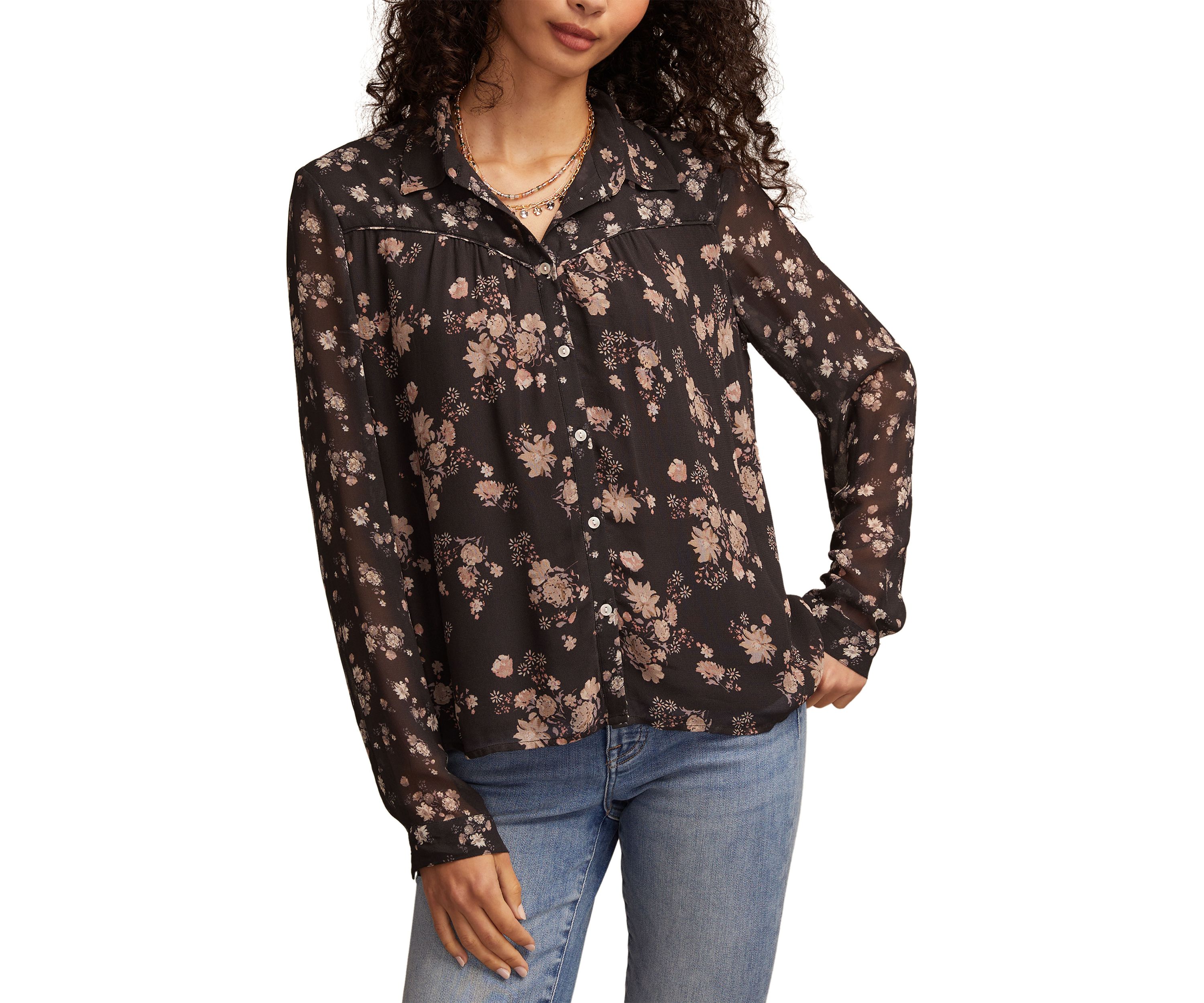 Womens Long Sleeve Mixed Floral Printed Button Front Blouse