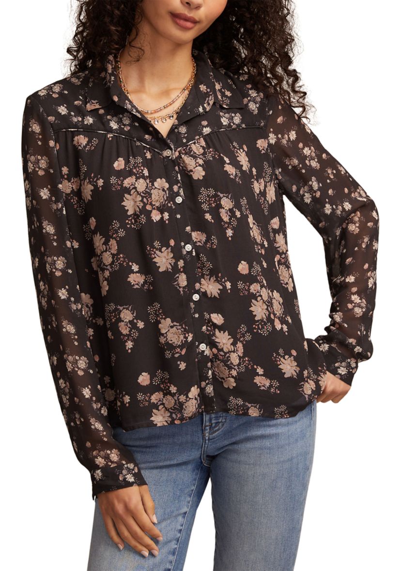 Womens Long Sleeve Mixed Floral Printed Button Front Blouse