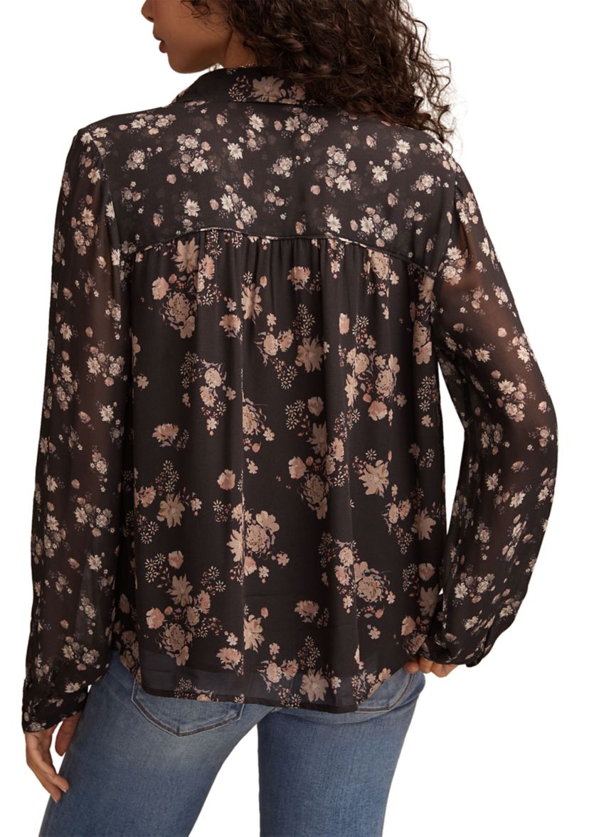 Womens Long Sleeve Mixed Floral Printed Button Front Blouse
