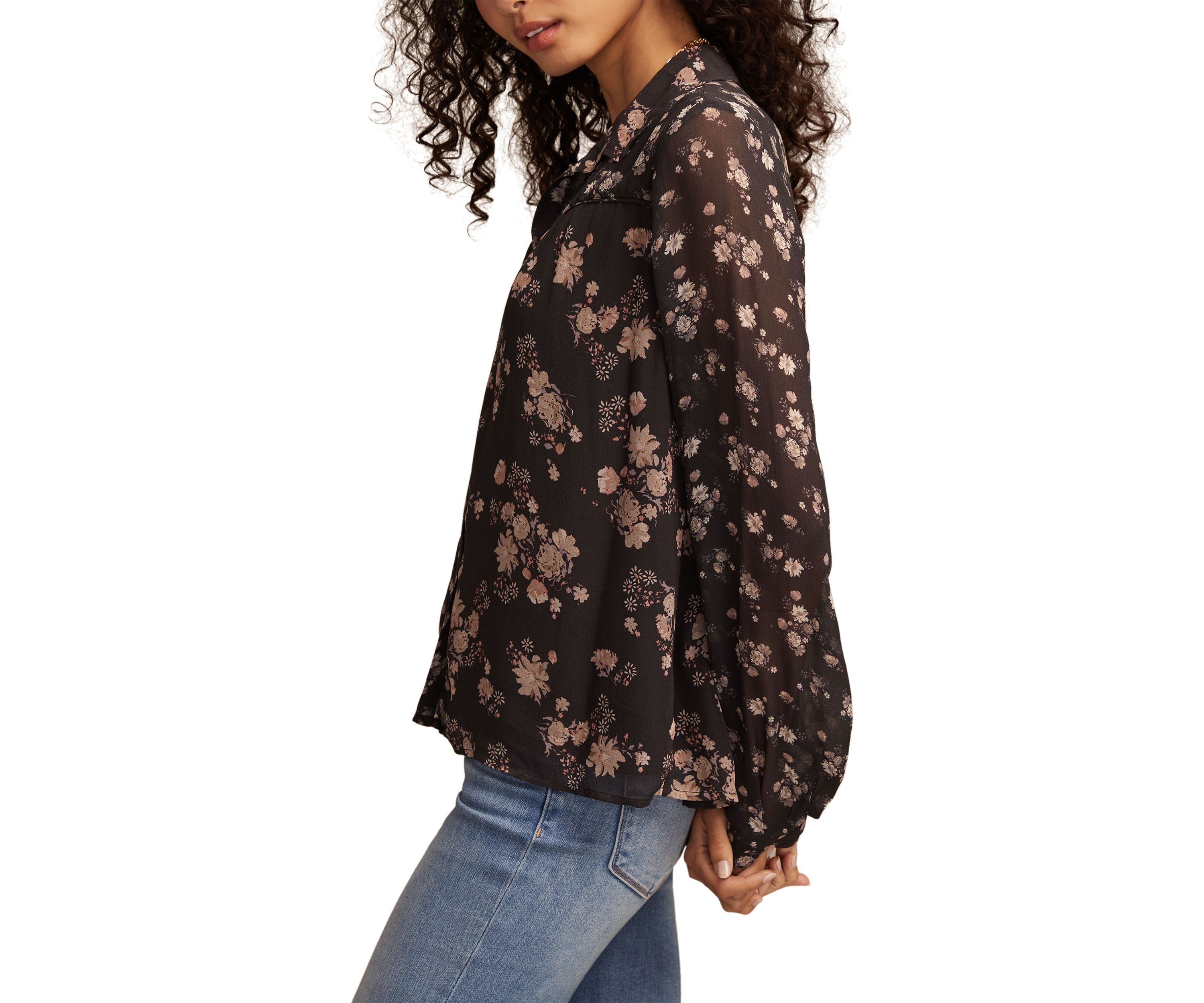 Womens Long Sleeve Mixed Floral Printed Button Front Blouse