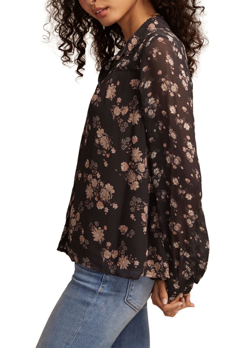 Womens Long Sleeve Mixed Floral Printed Button Front Blouse