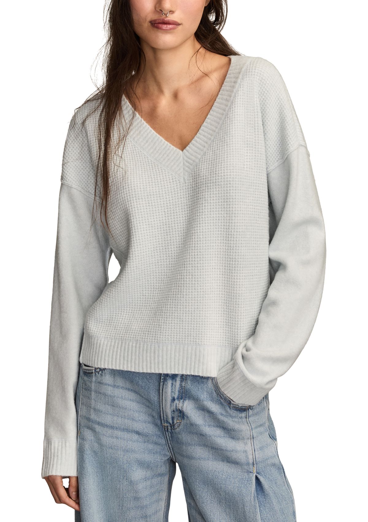 Womens Long Sleeve V-Neck Waffle Sweater
