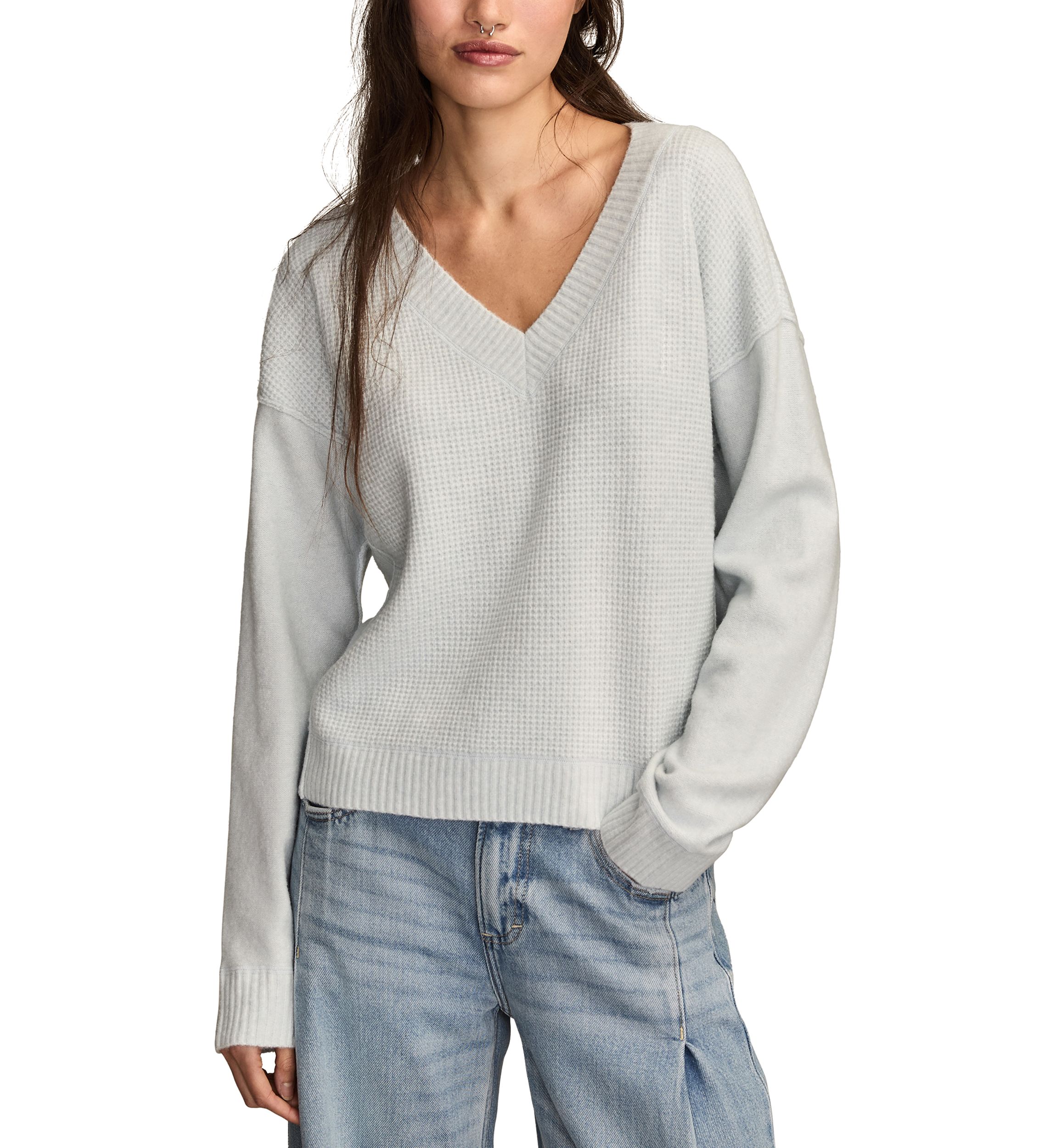 Womens Long Sleeve V-Neck Waffle Sweater