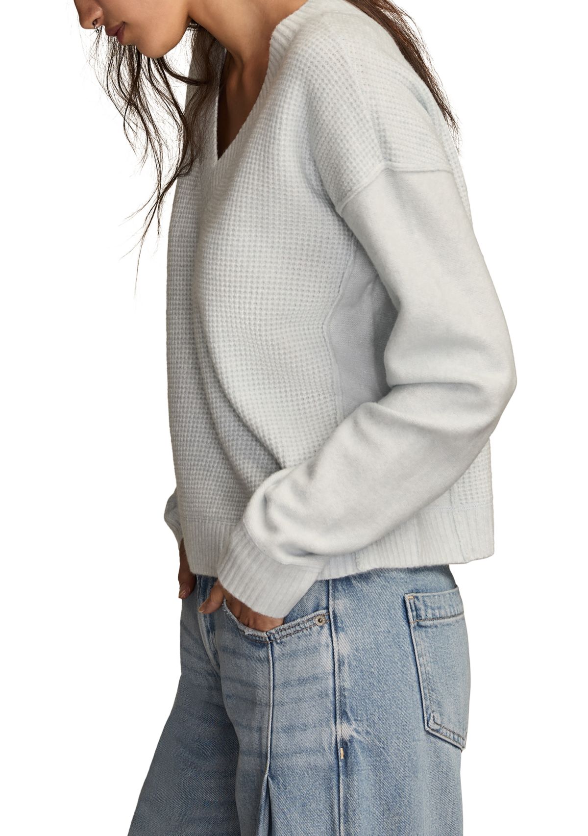 Womens Long Sleeve V-Neck Waffle Sweater