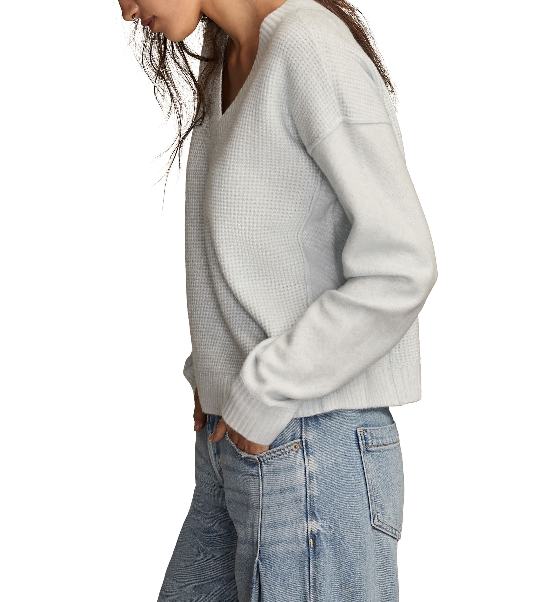 Womens Long Sleeve V-Neck Waffle Sweater