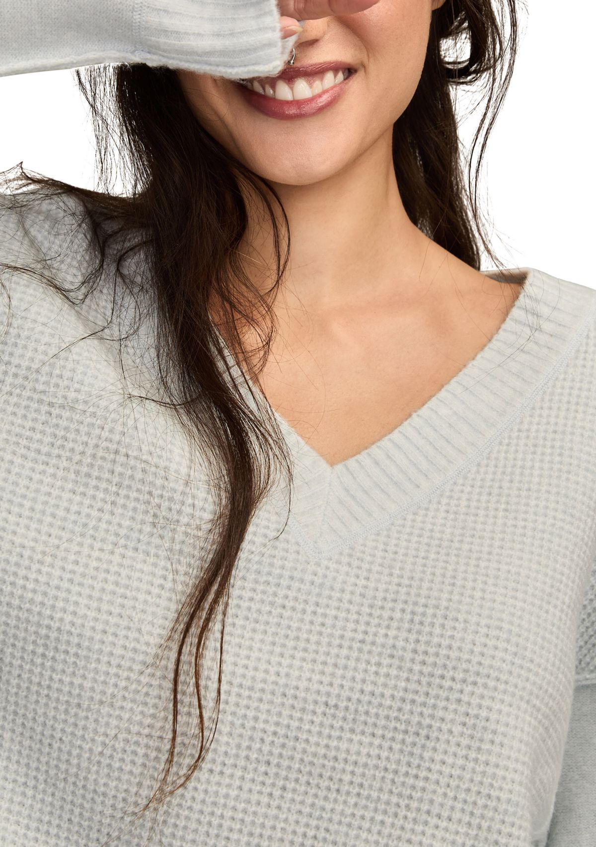 Womens Long Sleeve V-Neck Waffle Sweater