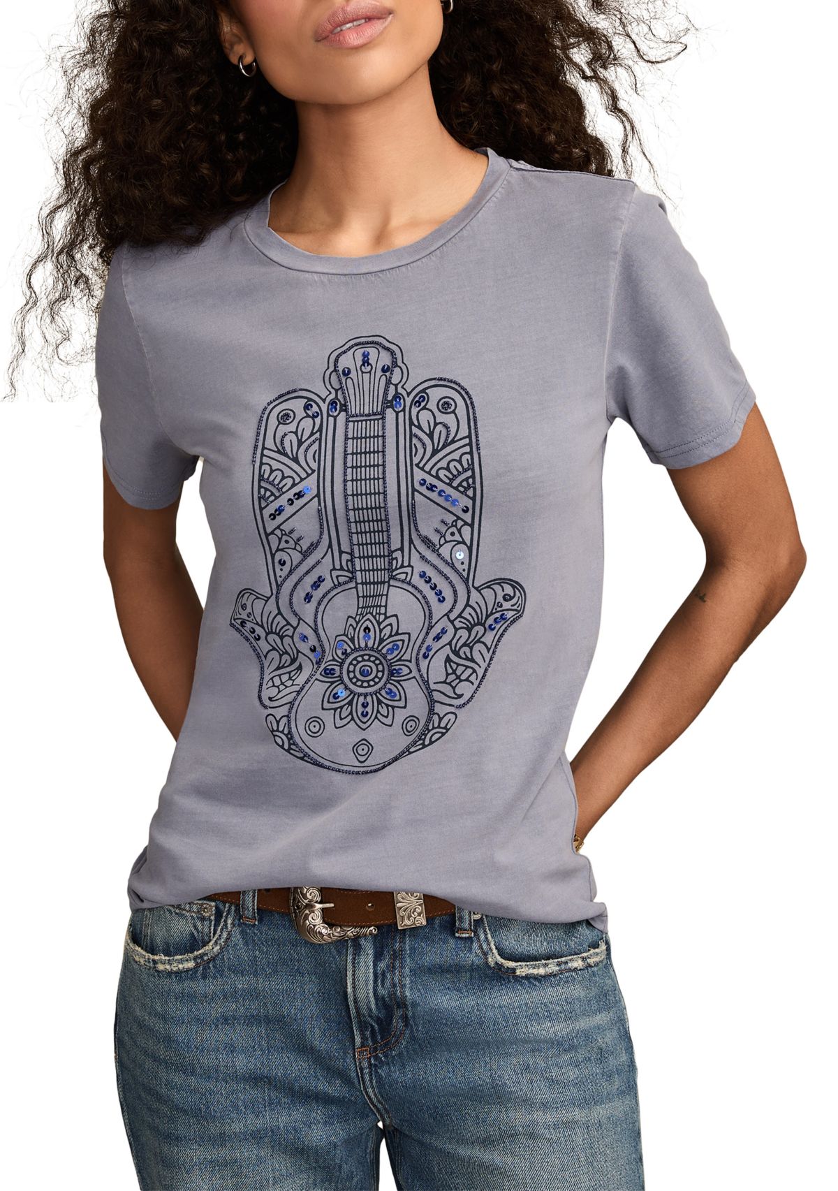 Womens Guitar Hamsa Graphic Crew Neck T-Shirt