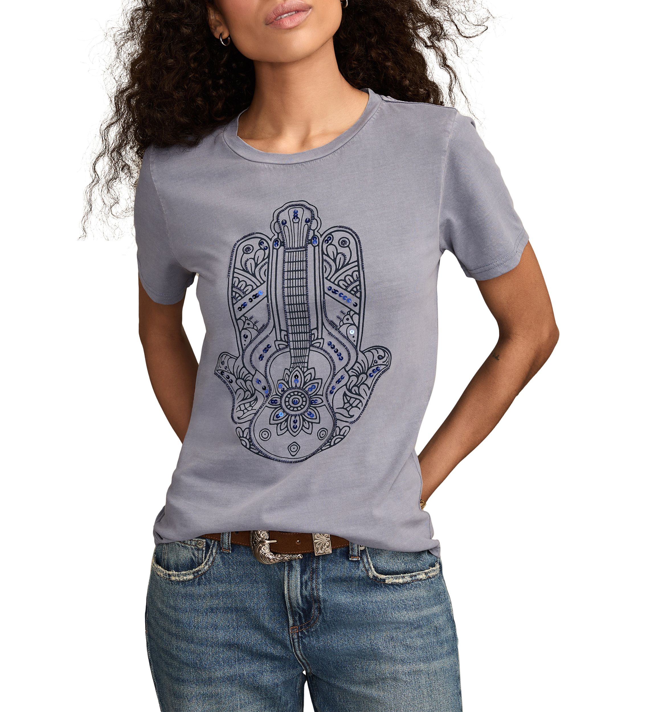 Womens Guitar Hamsa Graphic Crew Neck T-Shirt