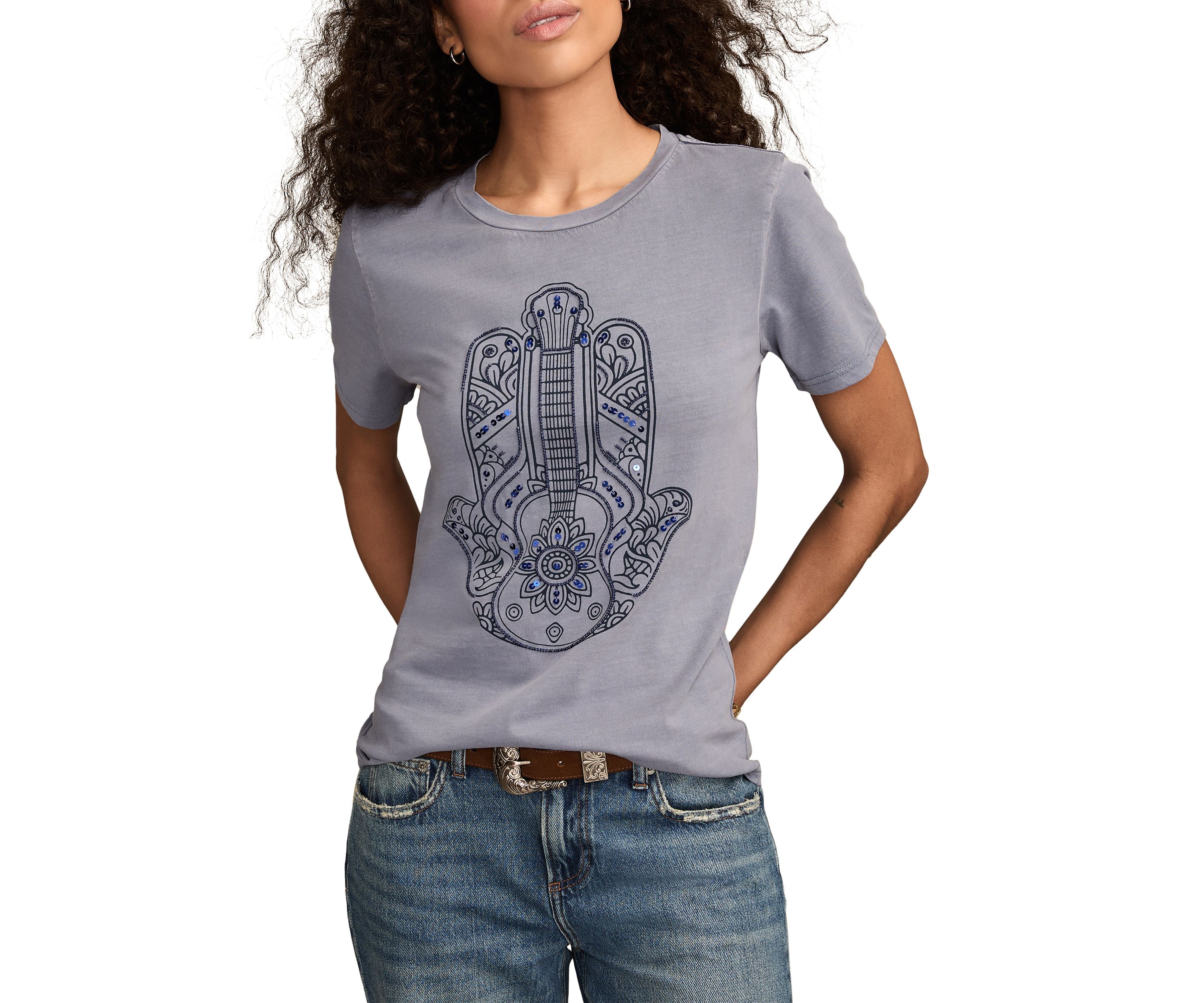 Womens Guitar Hamsa Graphic Crew Neck T-Shirt