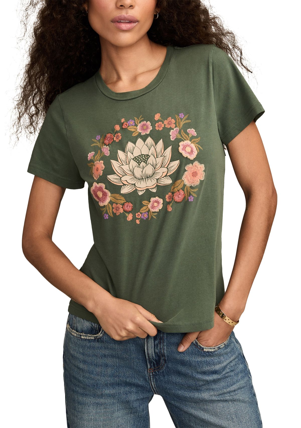 Womens Embroidered Lotus Crew Neck Graphic T-Shirt