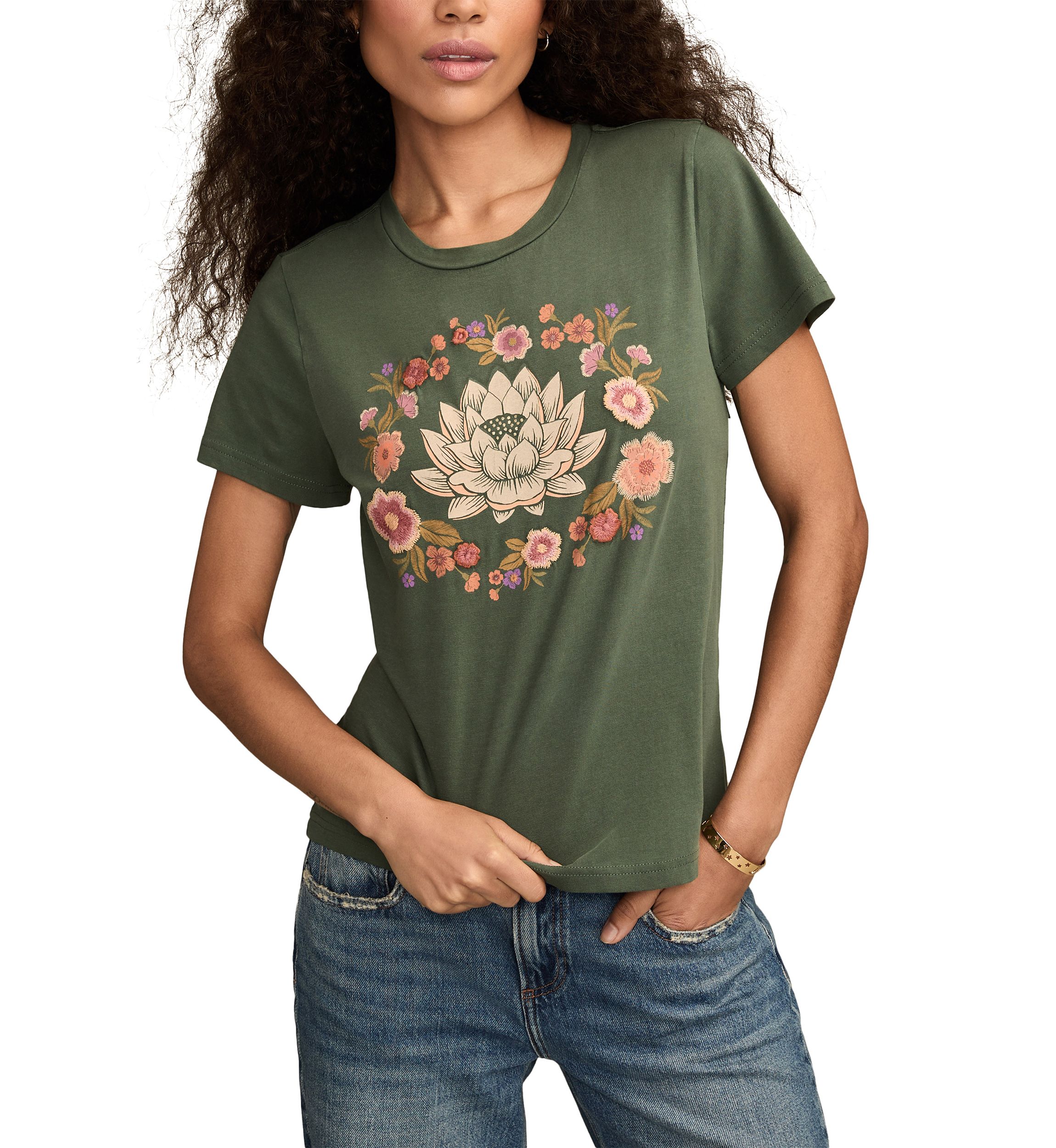 Womens Embroidered Lotus Crew Neck Graphic T-Shirt