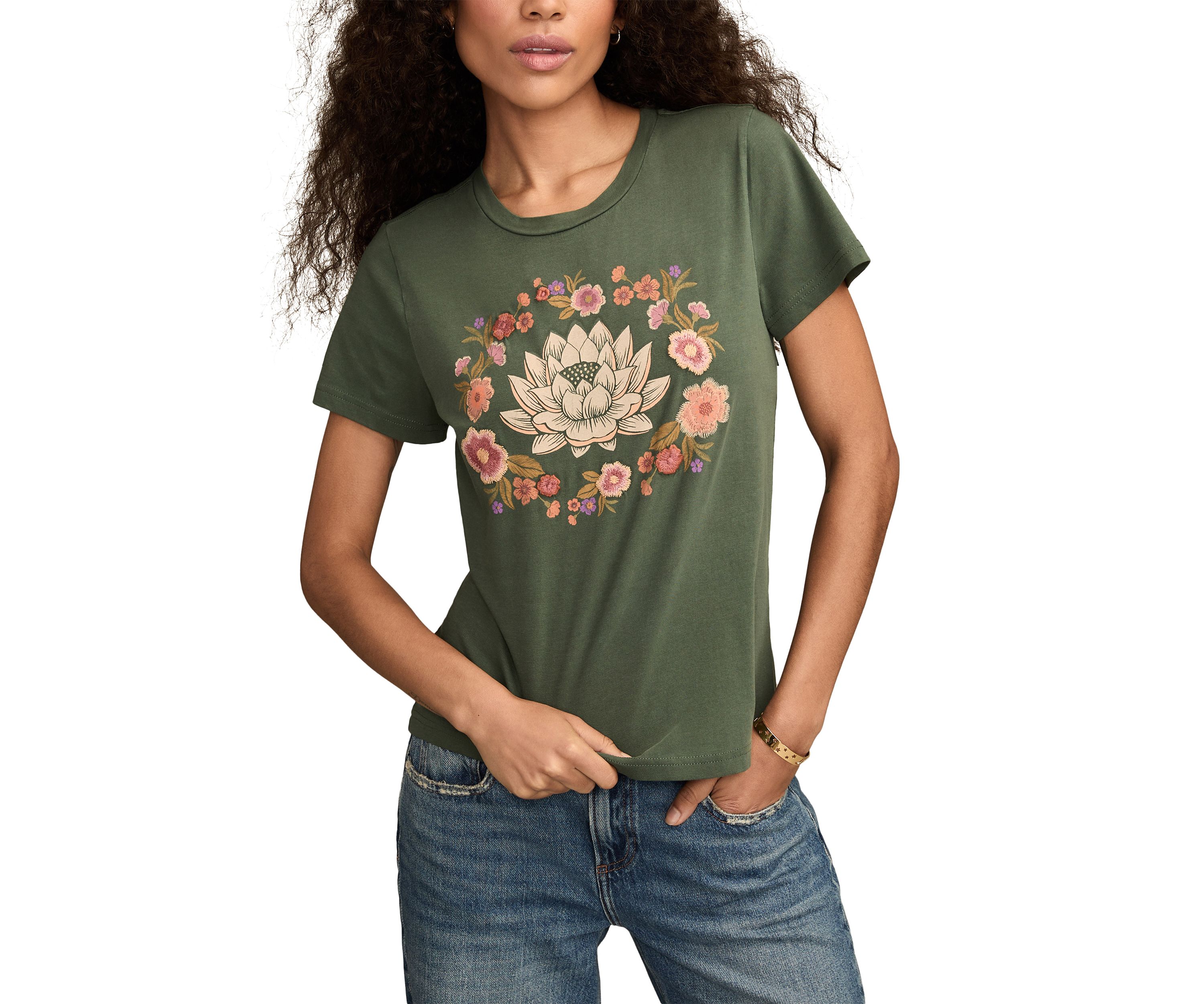 Womens Embroidered Lotus Crew Neck Graphic T-Shirt