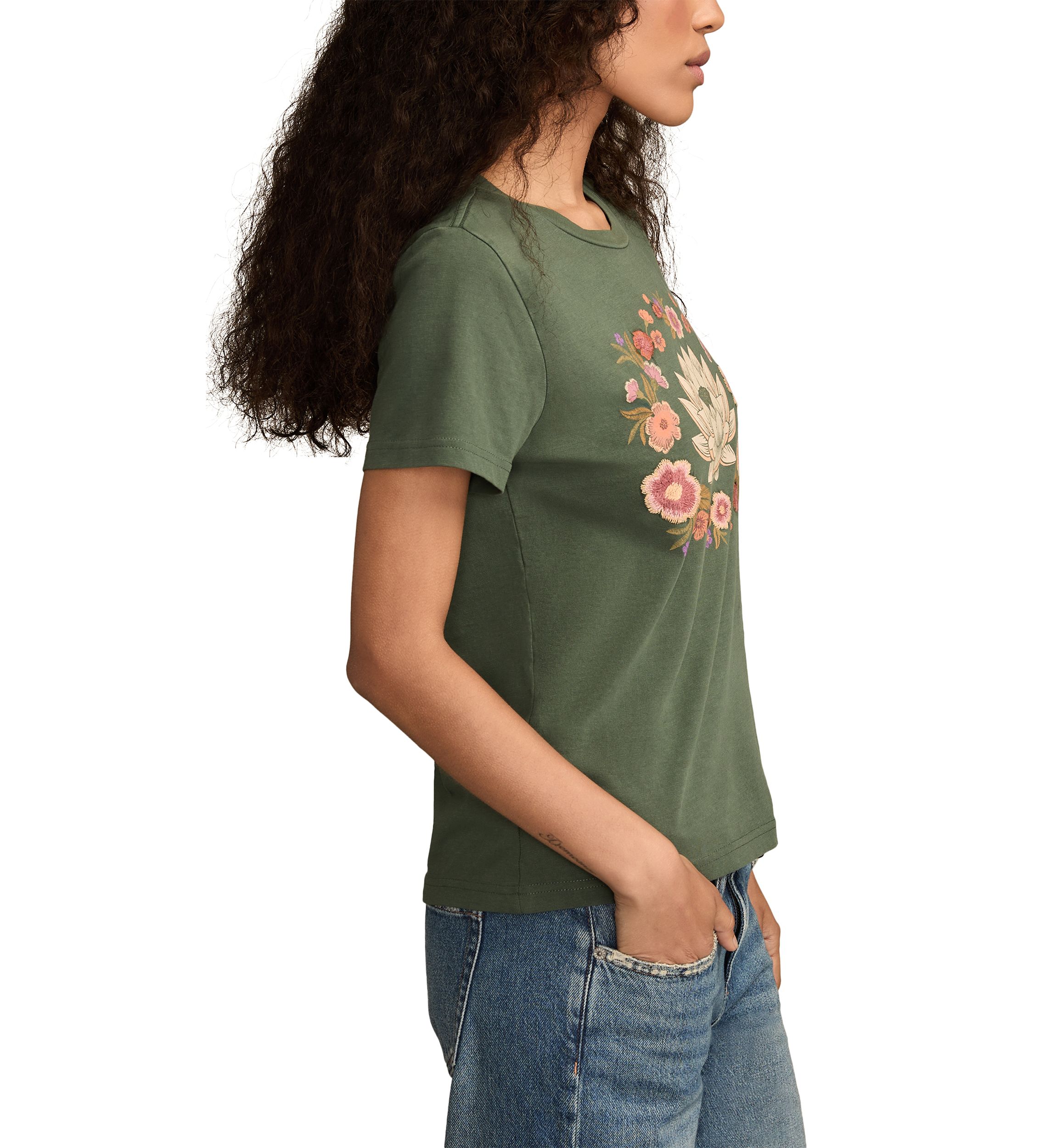 Womens Embroidered Lotus Crew Neck Graphic T-Shirt