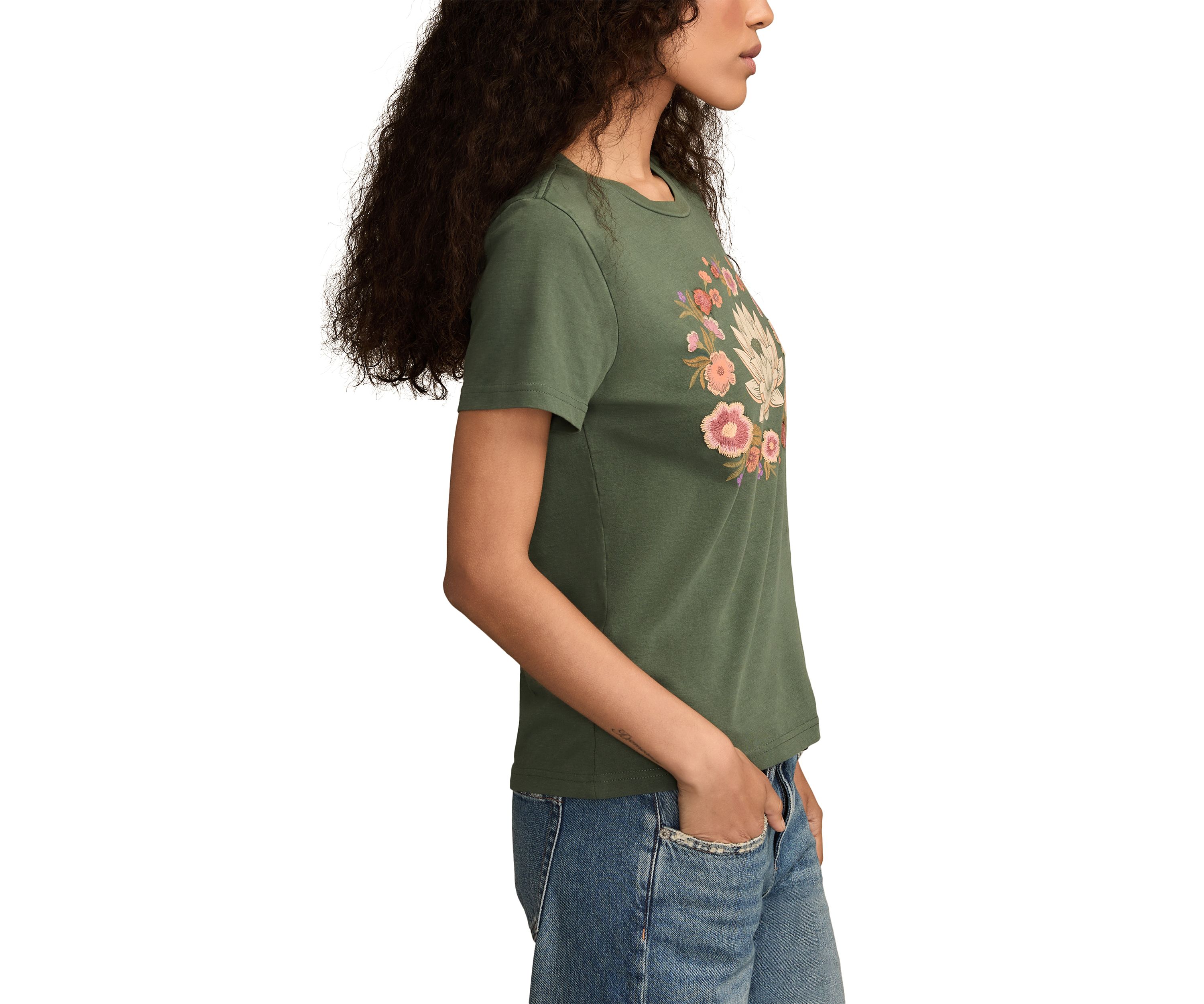 Womens Embroidered Lotus Crew Neck Graphic T-Shirt