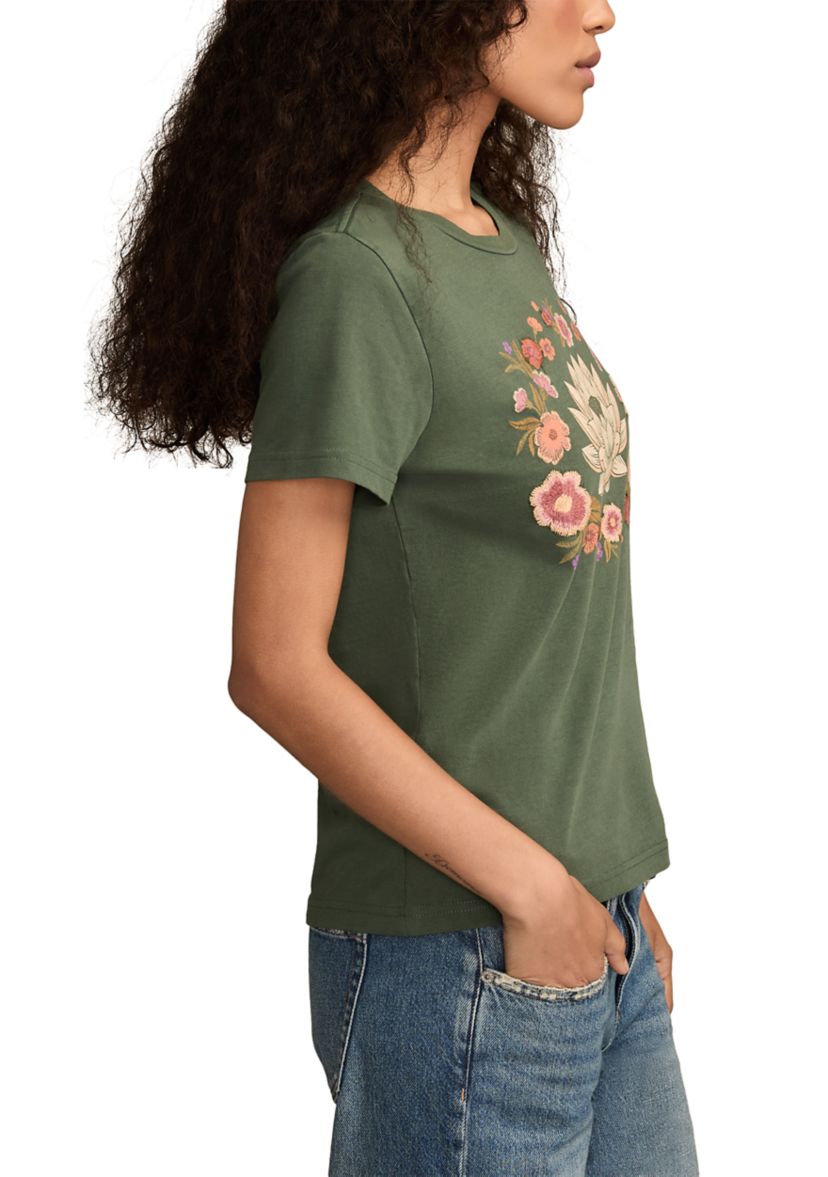 Womens Embroidered Lotus Crew Neck Graphic T-Shirt