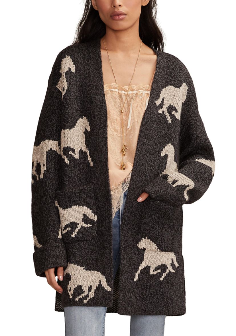 Womens Horse Printed Open Front Cardigan