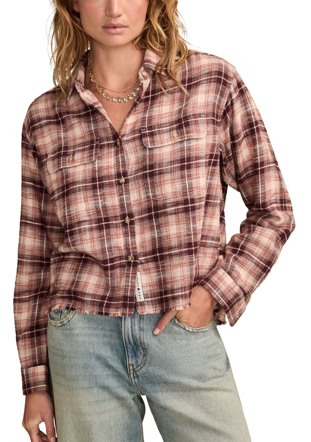 Womens Plaid Printed Frayed Hem Shirt