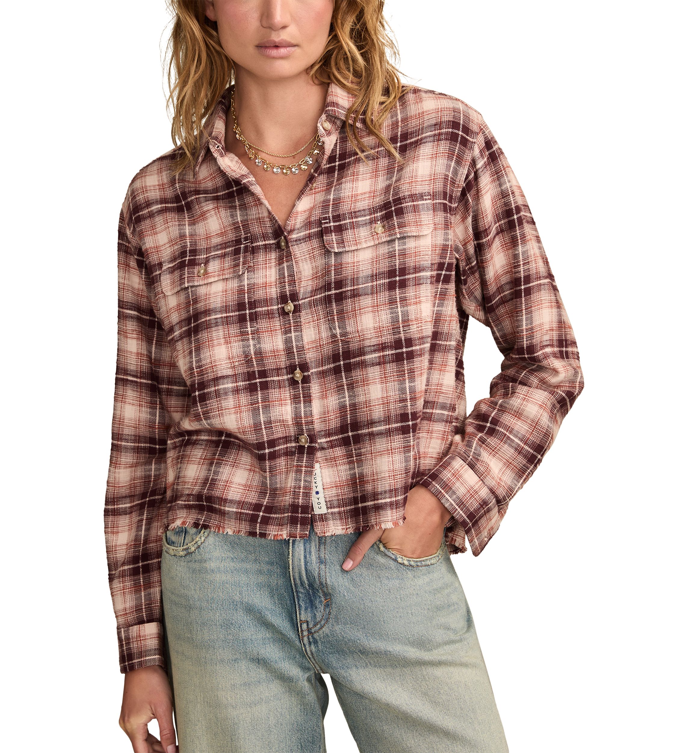 Womens Plaid Printed Frayed Hem Shirt