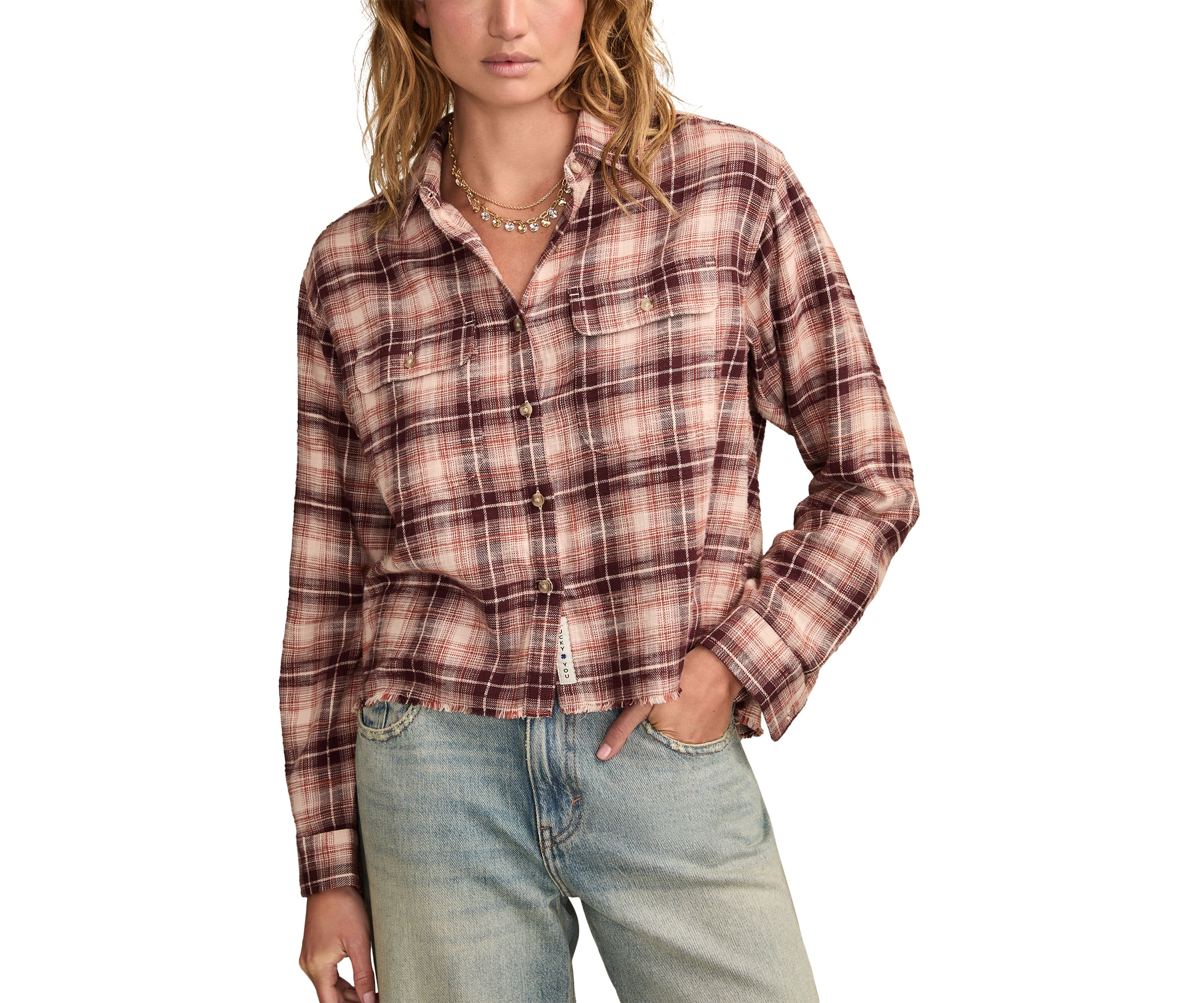 Womens Plaid Printed Frayed Hem Shirt